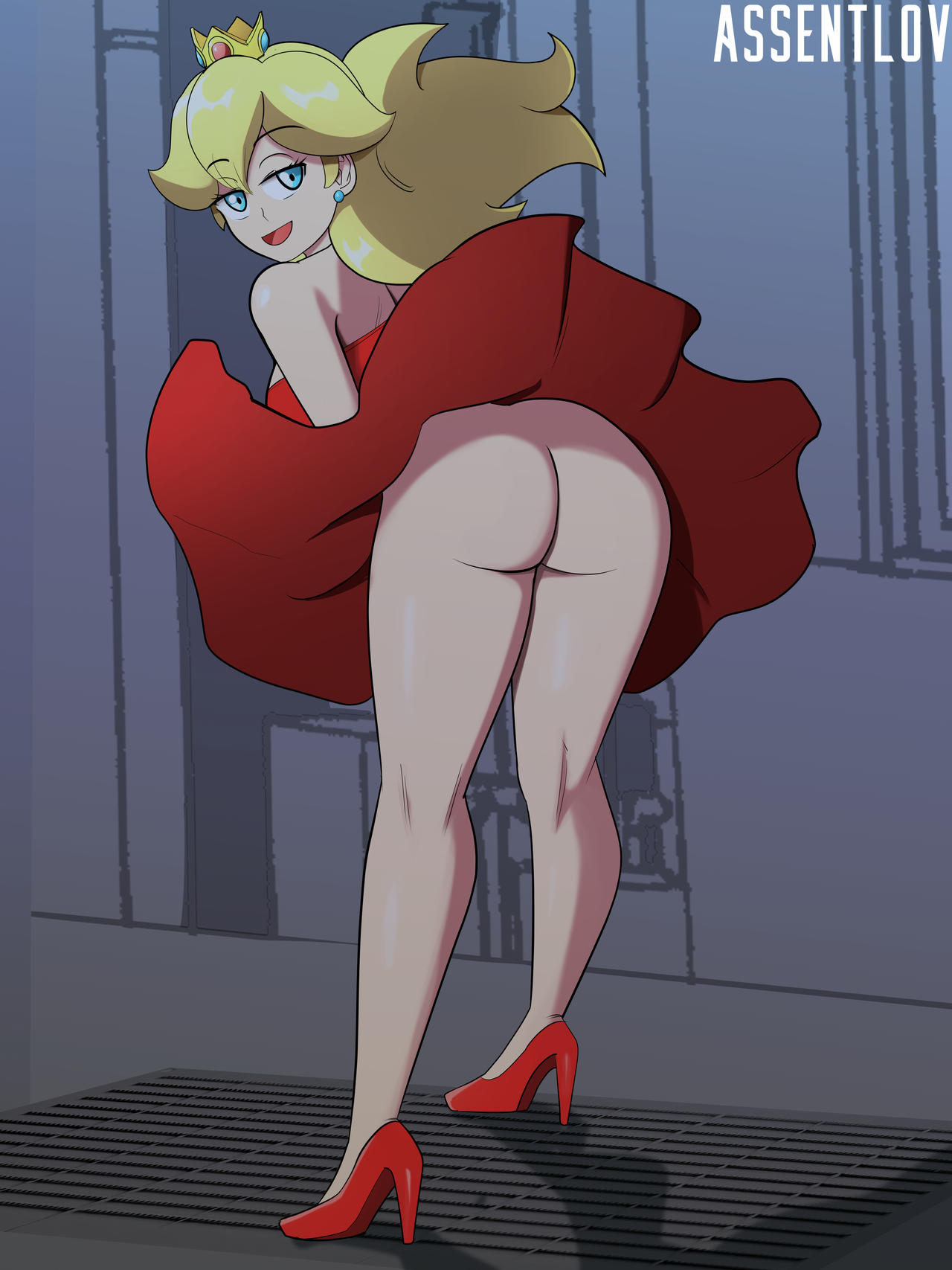 ass ass_focus assentlov blonde blonde_hair blue_eyes butt dress female female_only heels mario_(series) nintendo no_panties princess_peach red_dress skirt skirt_lift solo tagme windy windy_skirt