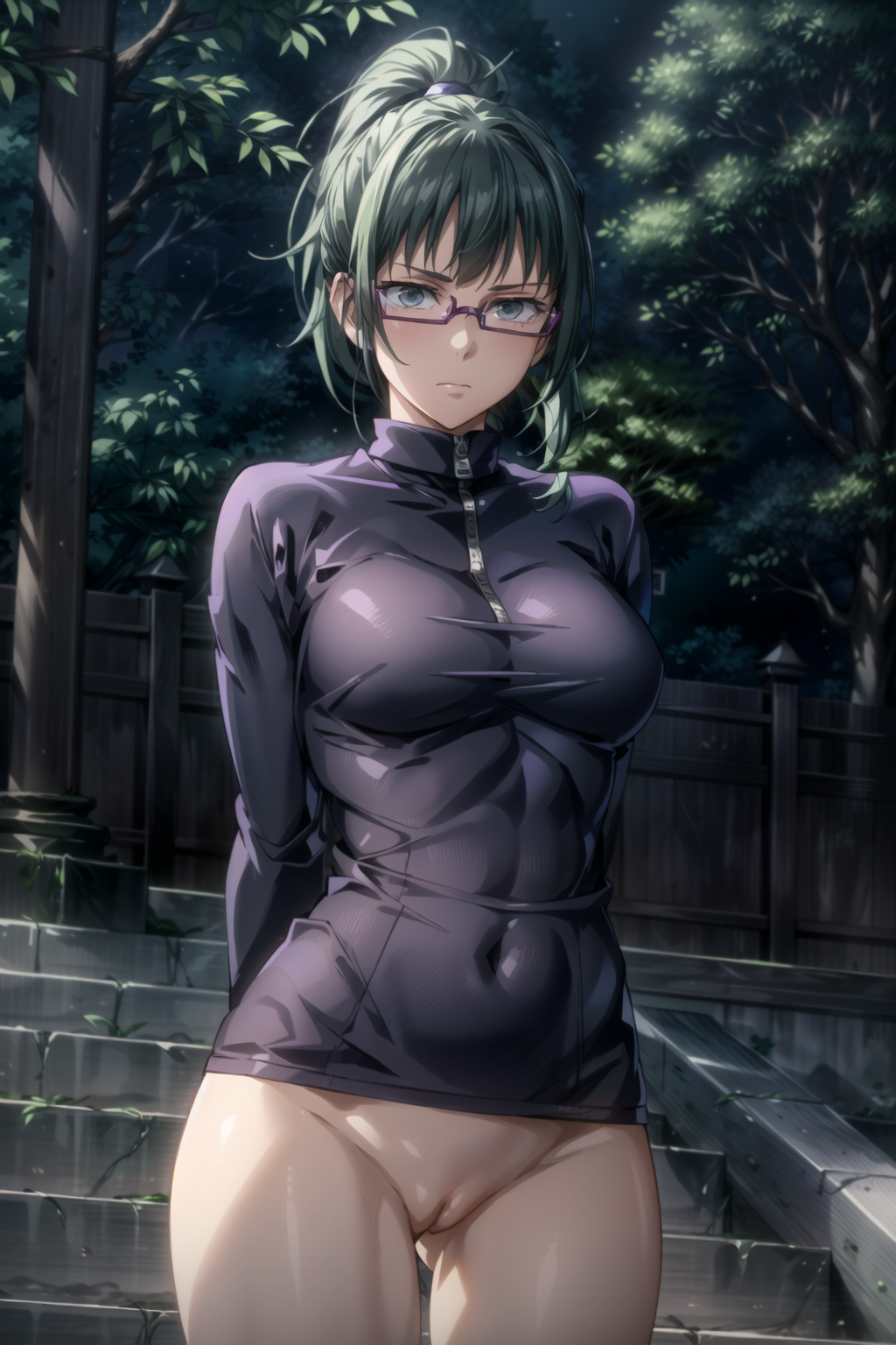 ai generated, arms behind back, ass visible through thighs, bangs, black hair, blue eyes, blush, bottomless, breasts, closed mouth, covered navel, cowboy shot, day, edosynf, female, glasses, green eyes, green hair, high ponytail, highres, jujutsu kaisen, large breasts, long sleeves, looking at viewer, outdoors, ponytail, pussy, semi-rimless eyewear, solo, stairs, standing, taut clothes, thigh gap, thighs, tree, under-rim eyewear, zenin maki