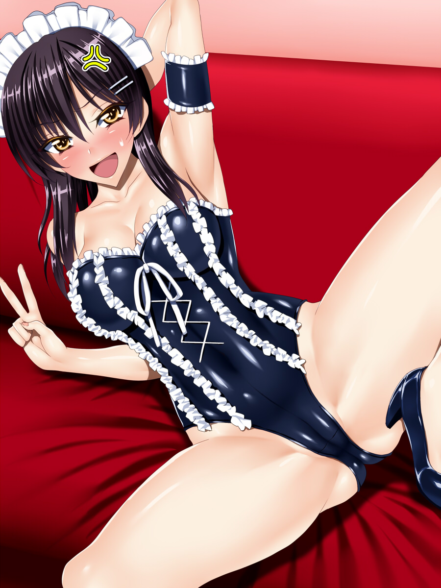 annoyed ayuzawa_misaki black_hair blush brown_eyes high_heels kaichou_wa_maid-sama! legs_apart looking_at_viewer maid_uniform open_mouth peace_sign sen_(sansui)