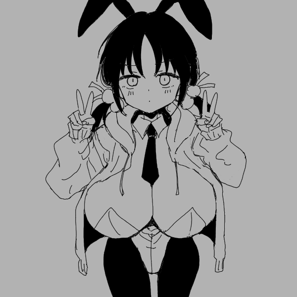 1girls accurate_art_style aged_up black_and_white black_hair bunny_suit cleavage fake_animal_ears fake_rabbit_ears female_only hair_bobbles horizon_breaker huge_breasts inabakumori leotard monochrome playboy_bunny rabbit_ears solo solo_female strapless_leotard tie twintails vocaloid yuki_kaai