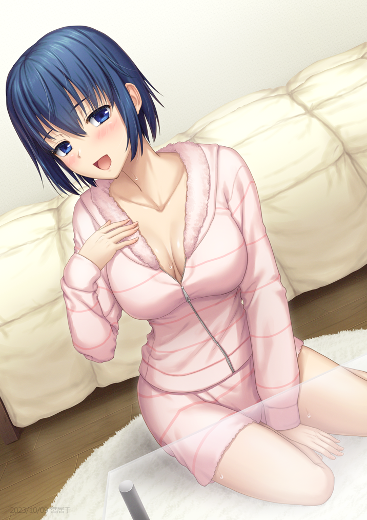 bed blue_eyes blue_hair blush breasts ciel_(tsukihime) cleavage collarbone commentary_request dated female glass_table hair_between_eyes indoors looking_at_viewer medium_breasts mixed-language_commentary miyai_sen official_alternate_costume on_floor open_mouth pajamas pink_pajamas short_hair sitting smile solo sweat table tsukihime tsukihime_(remake) type-moon