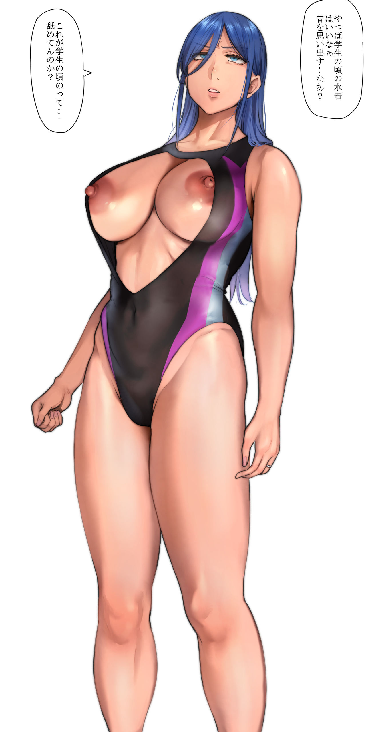 1girls, 2020, absurd res, angry, angry wife (pepe (jonasan)), black swimsuit, blue eyes, blue hair, breasts, competition swimsuit, covered navel, dialogue, eyebrows visible through hair, female, female only, hair between eyes, highres, japanese text, large breasts, long hair, mature female, nail polish, nipple slip, nipples, offscreen character, one-piece swimsuit, original, pepe (jonasan), pink nails, ring, school swimsuit, simple background, solo, speech bubble, standing, swimsuit, teeth, text, thighs, translated, undersized clothes, wedding ring, white background