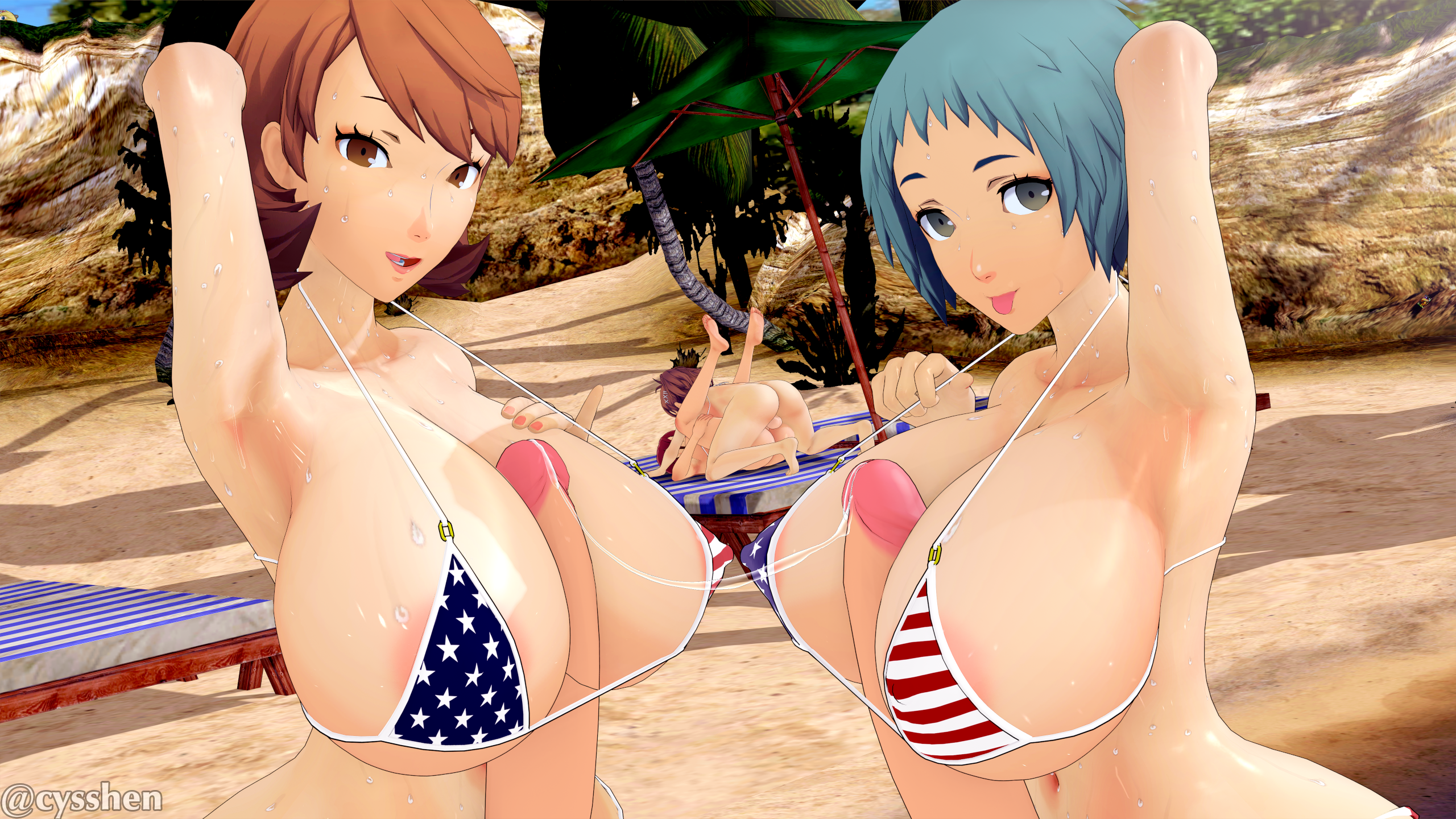 1girls, 3d, 3d (artwork), 3futas, alternate breast size, american flag bikini, atlus, balls, beach, bikini, blue hair, breasts, brown hair, character in background, cyshen, female, futa on female, futanari, fuuka yamagishi, hi res, huge breasts, intersex, koikatsu, kotone shiomi, large breasts, light skin, light-skinned futa, long hair, massive breasts, mating press, mitsuru kirijo, naughty face, outdoors, penis, persona, persona 3, red hair, sex, short hair, sweat, sweaty body, uncensored, yamagishi fuuka, yukari takeba