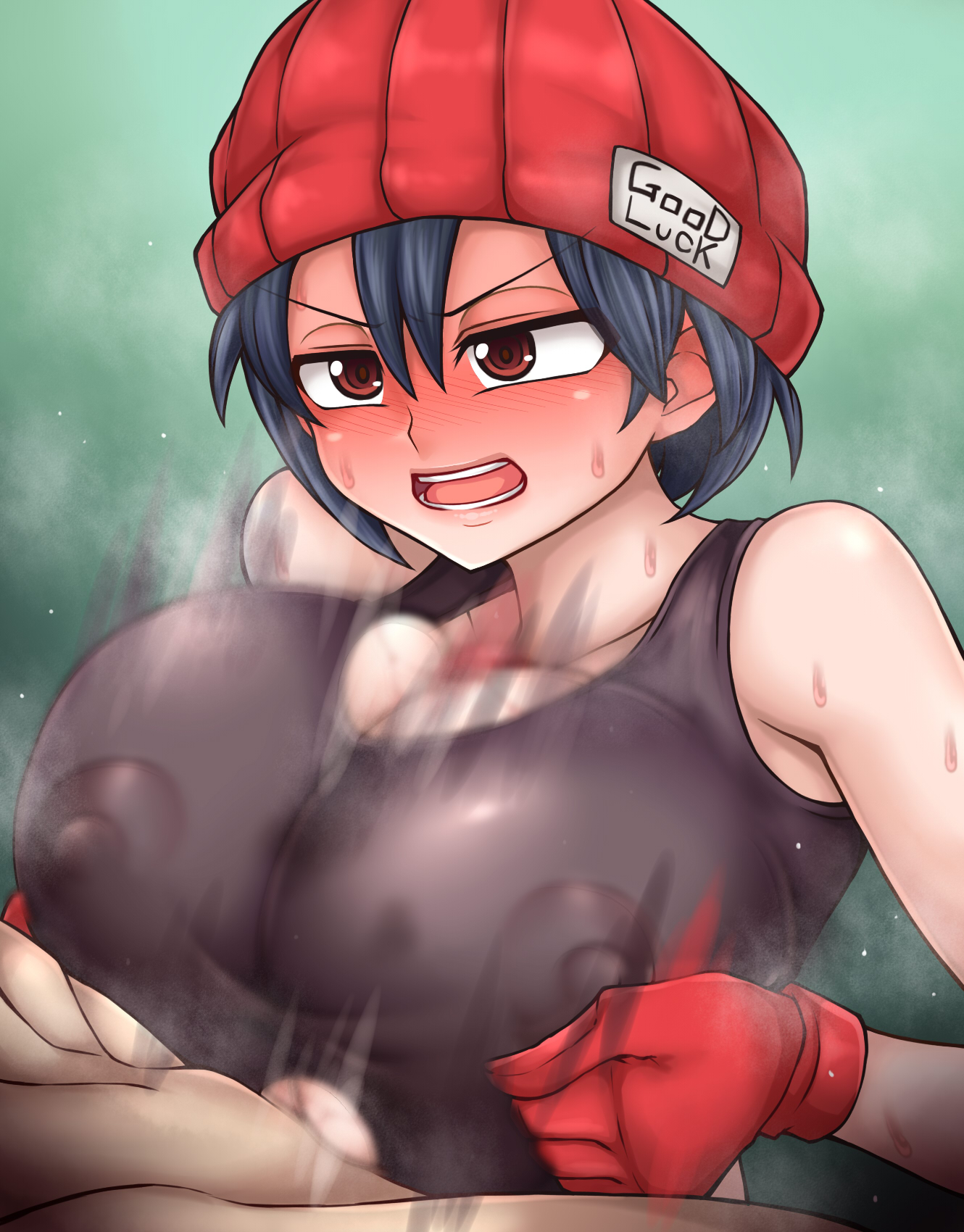 1boy, 1girls, beanie, beanie hat, beruzumi-m, big breasts, black hair, blush, breasts, brown eyes, busty, female, gloves, izumo fuuko, male, male/female, nipple bulge, paizuri, penis, penis between breasts, short hair, sweat, tank top, titfuck under clothes, titjob, undead unluck
