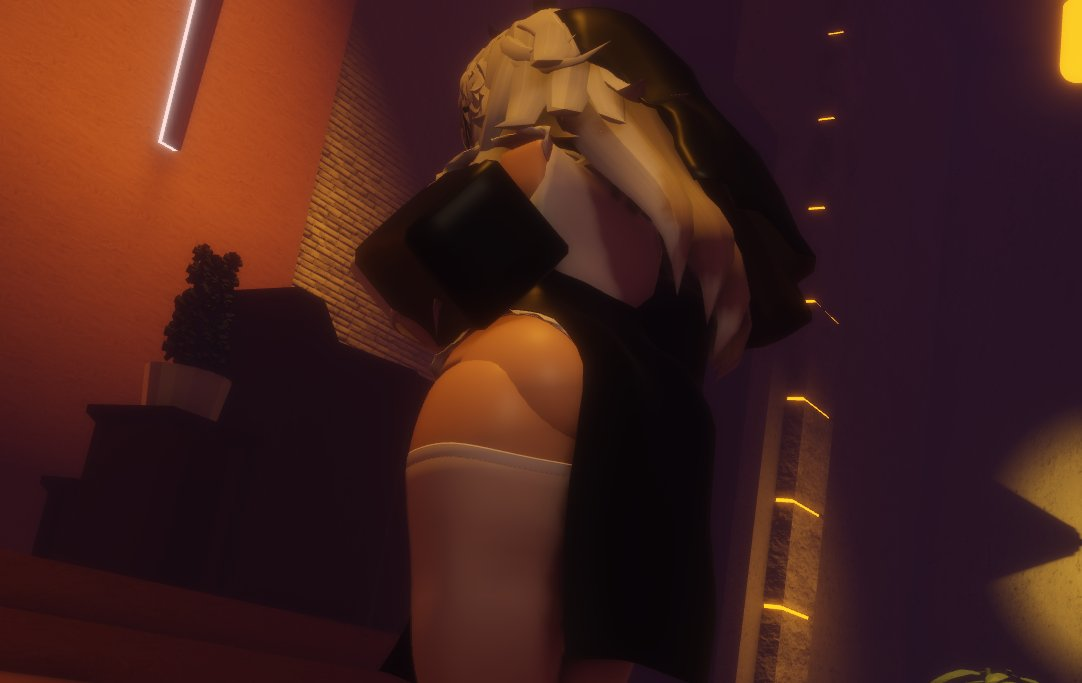 1girls, 3d, ass, back view, big ass, big breasts, breasts, clothed, female, female only, glasses, huge ass, long sleeves, niki okarin, nun, nun outfit, roblox, roblox avatar, robloxian, solo female, standing, thighhighs, thighs, white hair