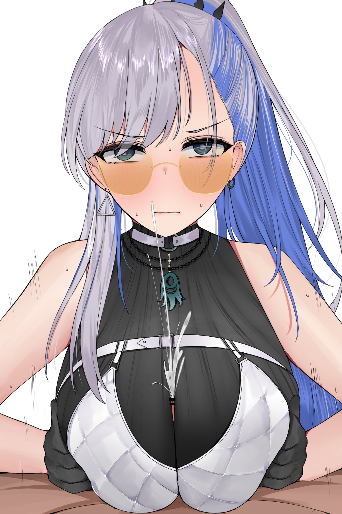 1boy, 1girls, big breasts, blush, breasts, clef (cferryanto), cum, dark skin, dark-skinned male, female, hololive, hololive indonesia, hololive indonesia holoro, large breasts, light skin, light-skinned female, long hair, looking at viewer, male, orange-tinted eyewear, paizuri, pavolia reine, sunglasses, sweat, tinted eyewear, titjob, virtual youtuber