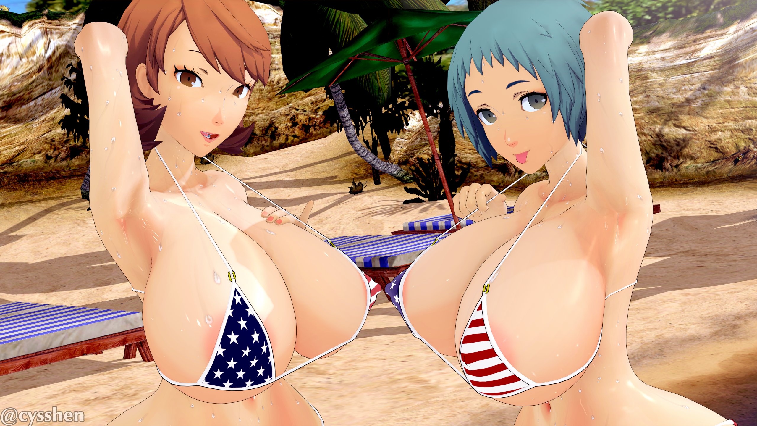 2girls, 3d, american flag bikini, armpits, beach, big breasts, breasts, cyshen, female, fuuka yamagishi, light blue hair, looking at viewer, orange hair, persona, persona 3, sweating, yukari takeba