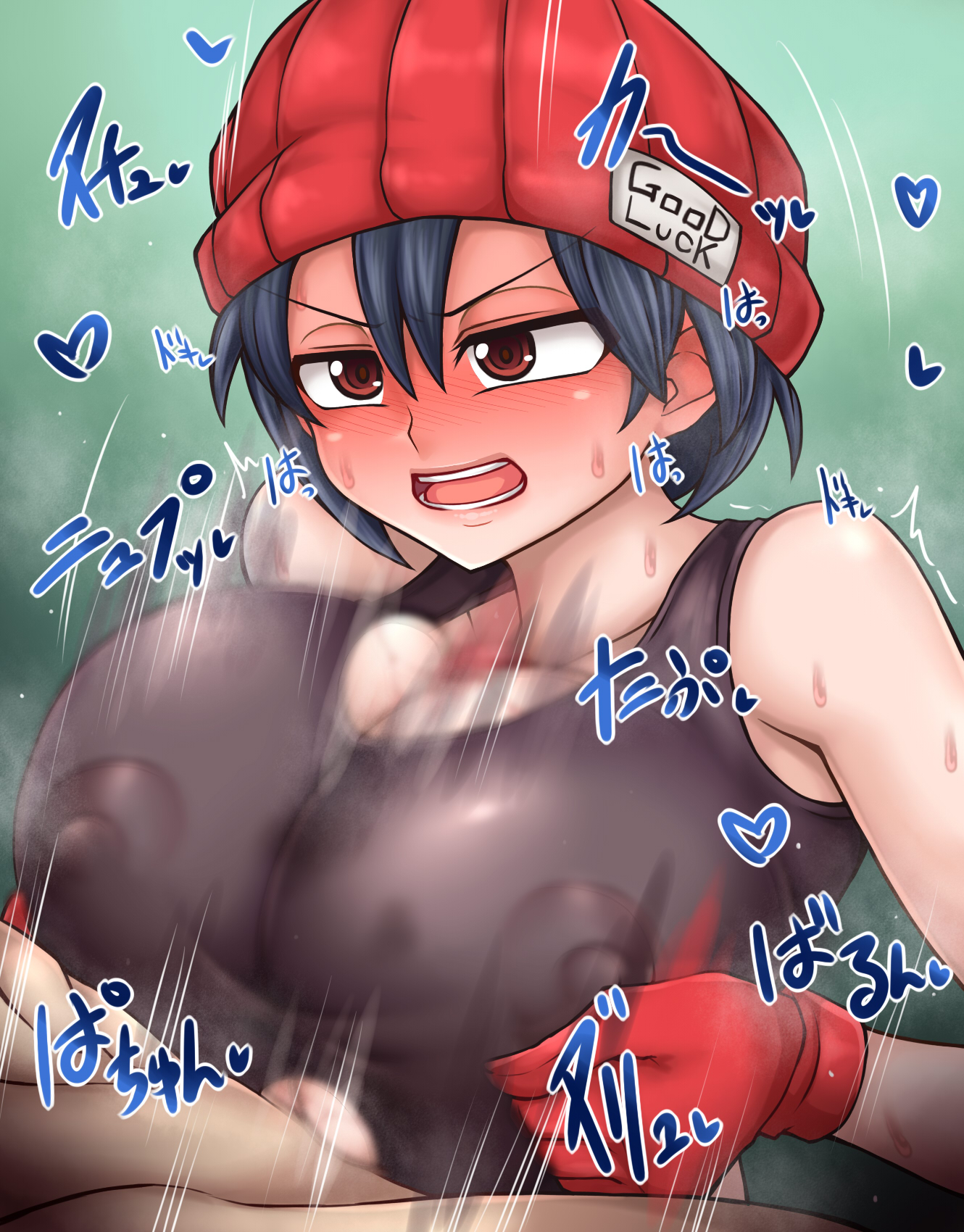 1boy, 1girls, beanie, beanie hat, beruzumi-m, big breasts, black hair, blush, breasts, brown eyes, busty, female, gloves, izumo fuuko, male, male/female, nipple bulge, paizuri, penis, penis between breasts, short hair, sweat, tank top, titfuck under clothes, titjob, undead unluck