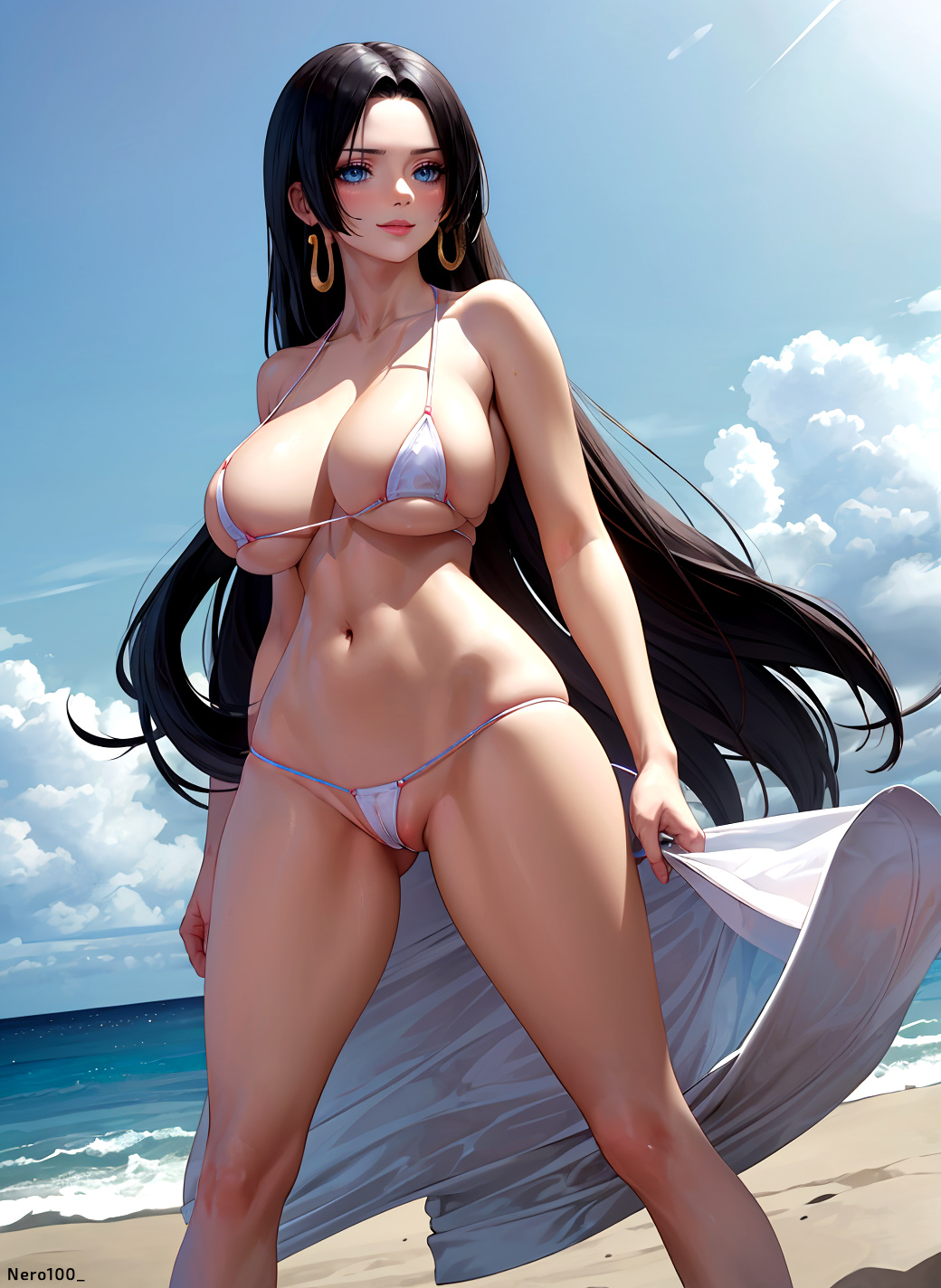 1girls, ai generated, ass, athletic, athletic female, bare shoulders, beach, belly, big breasts, bikini, bikini bottom, bikini top, black hair, blue eyes, boa hancock, breasts, cameltoe, cowboy shot, curvy, curvy figure, dark hair, earrings, eyelashes, female, female only, fit, fit female, high quality, huge breasts, large breasts, light skin, light-skinned female, lipstick, long hair, looking at viewer, mascara, micro bikini, navel, ocean, one piece, pale skin, pale-skinned female, posing, pussy, sagging breasts, sea, seaside, solo, stable diffusion, standing, stomach, string bikini, thick ass, thick thighs, very long hair