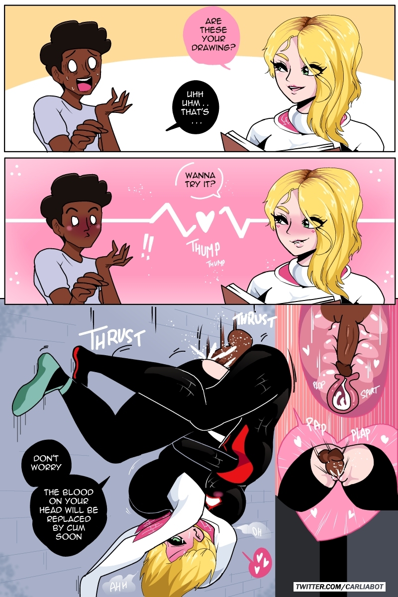 asymmetrical hair, big breasts, black penis, blonde female, blonde hair, blue eyes, breasts, carliabot, comic, cum in pussy, dark skin, dark-skinned male, dialogue, female, gwen stacy, male, marvel, marvel comics, miles morales, penile penetration, penis, petite, pussy, ripped clothing, spider-gwen, spider-man: across the spider-verse, upside-down