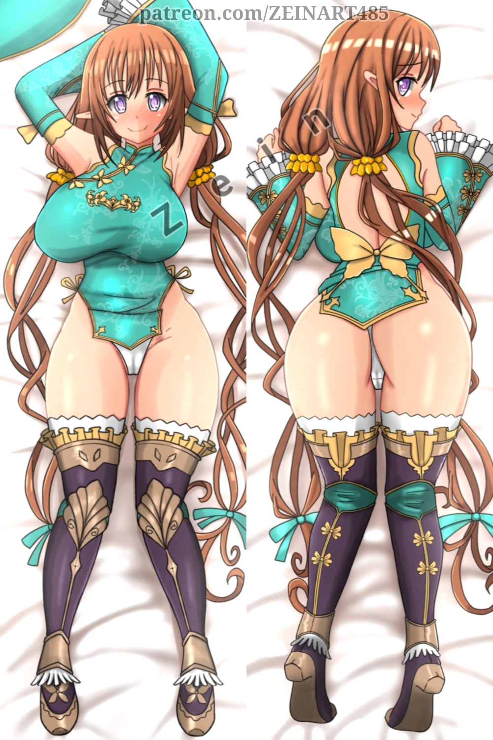 ass bed big_ass big_breasts big_butt china_dress dakimakura dakimakura_design dakimakura_pillow elf elf_ears elf_female elf_girl panties pussy rinna_mayfield sega shining_(series) shining_resonance twintails witch witch_hat zein_(artist)