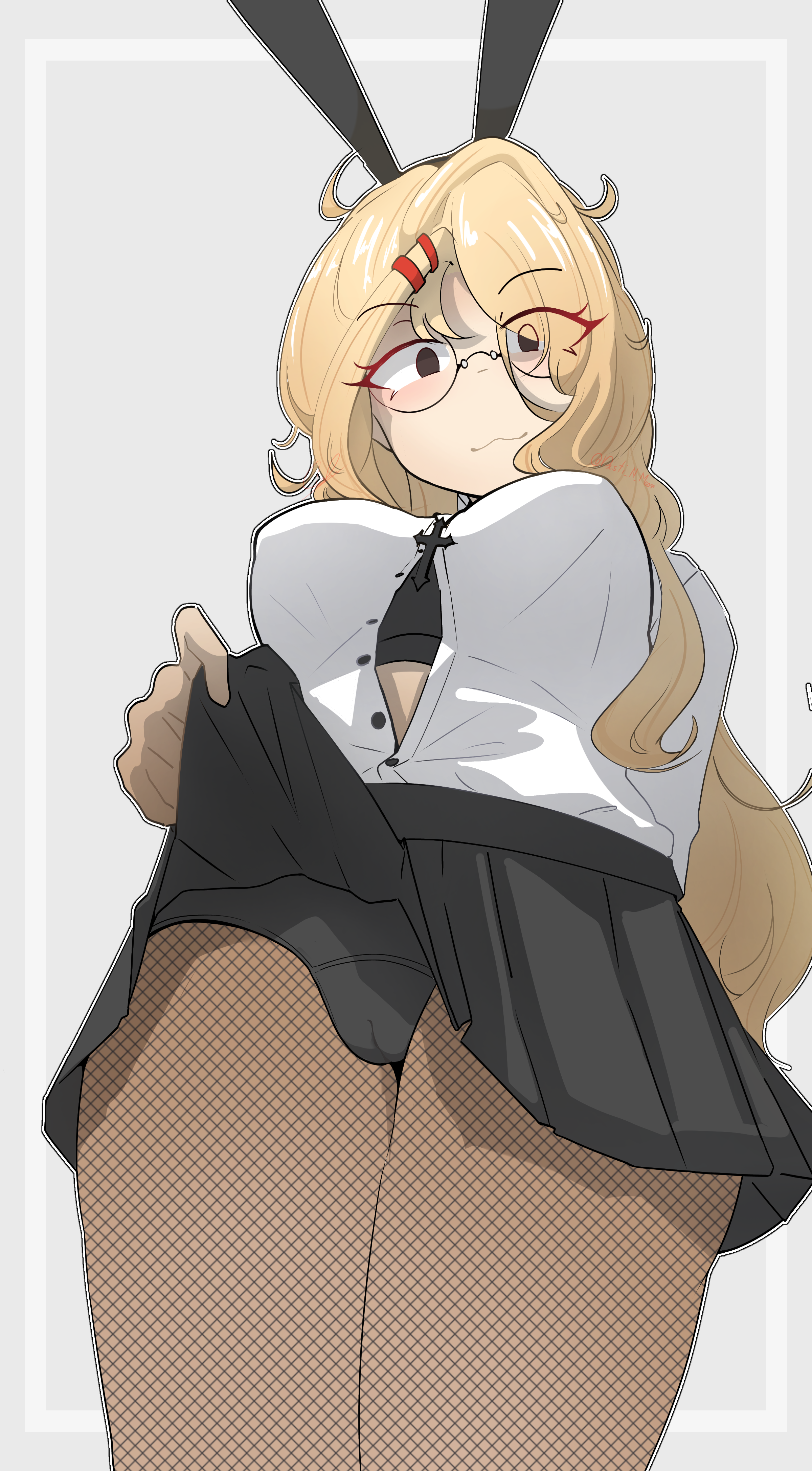 1girls, blonde hair, brown eyes, bunny ears, collaboration, desti n moon, female, glasses, roblox, robloxian, tagme, upskirt
