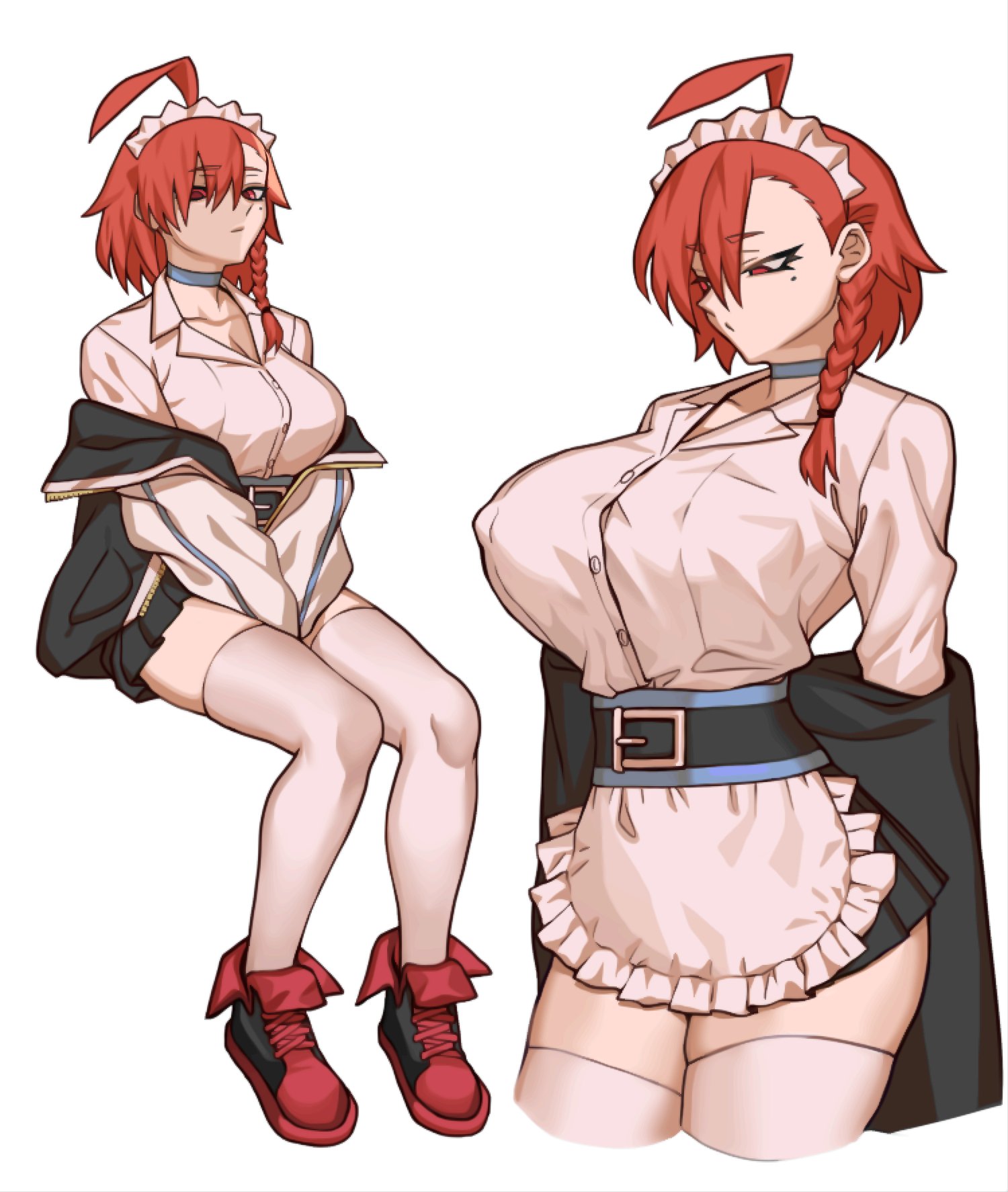 1girls, 2d, aged up, beauty mark, big breasts, blue archive, braid, breasts, breasts bigger than head, byunsang (artist), cleaning & clearing (blue archive), emotionless, empty eyes, expressionless, female, female focus, female only, huge breasts, large breasts, maid, maid headdress, millennium science school student, mole, mole under eye, neru (blue archive), nipple bulge, shoes, short hair, sneakers, socks, socks and shoes, thick thighs, thigh socks, thighhighs, thighs, vulcan (ejel2000), white socks