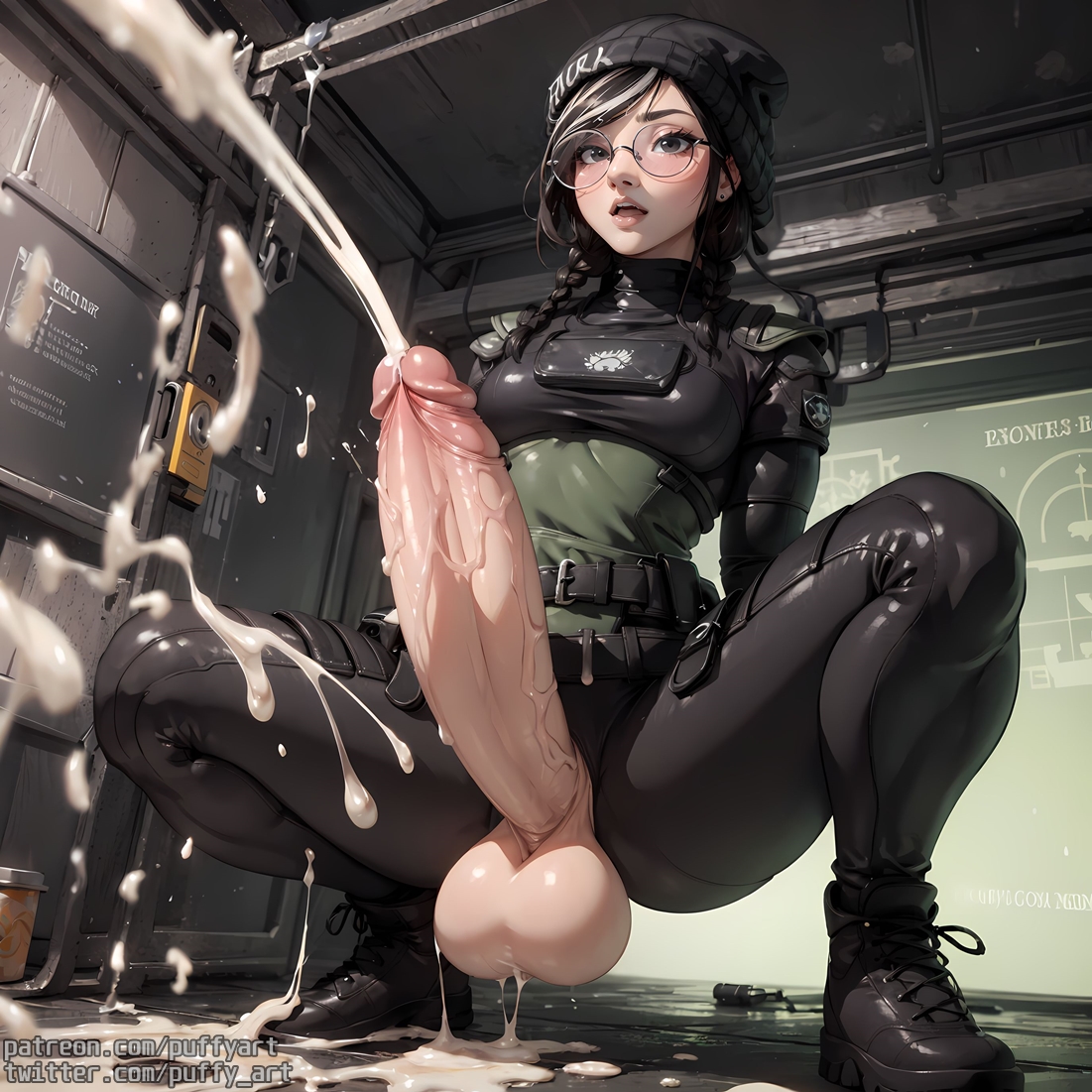 1futa, ai generated, balls, beanie, big penis, bodysuit, boots, cum, cumming, dickgirl, dokkaebi (rainbow six), ejaculation, futa only, futanari, glasses, hands-free, handsfree ejaculation, huge cock, hyper penis, intersex, latex suit, massive penis, penis, puffyart, rainbow six, rainbow six siege, saggy balls, short hair, solo, solo futa, squatting, tactical gear