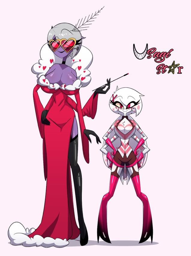 2girls 4_arms angel_dust angel_dust_(hazbin_hotel) coat demon demon_girl female_angel_dust female_only female_valentino_(hazbin_hotel) genderswap genderswap_(mtf) grey_hair hazbin_hotel heart heart-shaped_glasses mommy moth multi_arm multi_limb purple_body purple_skin red_eyes rule_63 short_female short_hair shorter_female spider tagme tall_female taller_girl usagi_star valentino_(hazbin_hotel) watermark white_body white_hair