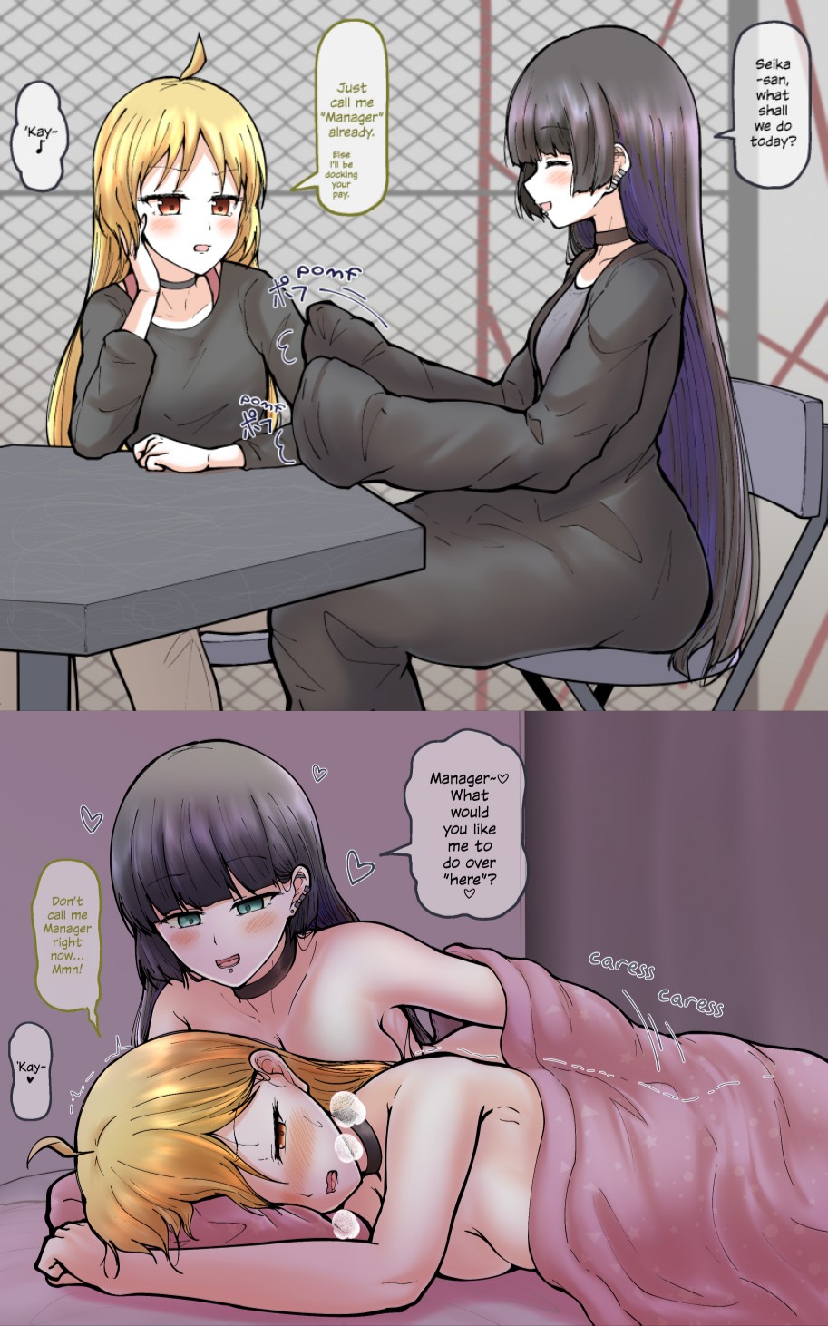 2girls 5tb bed bedroom black_choker black_coat blonde_hair bocchi_the_rock! choker completely_nude completely_nude_female female_only fingering fingering_partner grey_dress ijichi_seika laying_on_stomach long_hair looking_pleasured multiple_girls pa-san yuri