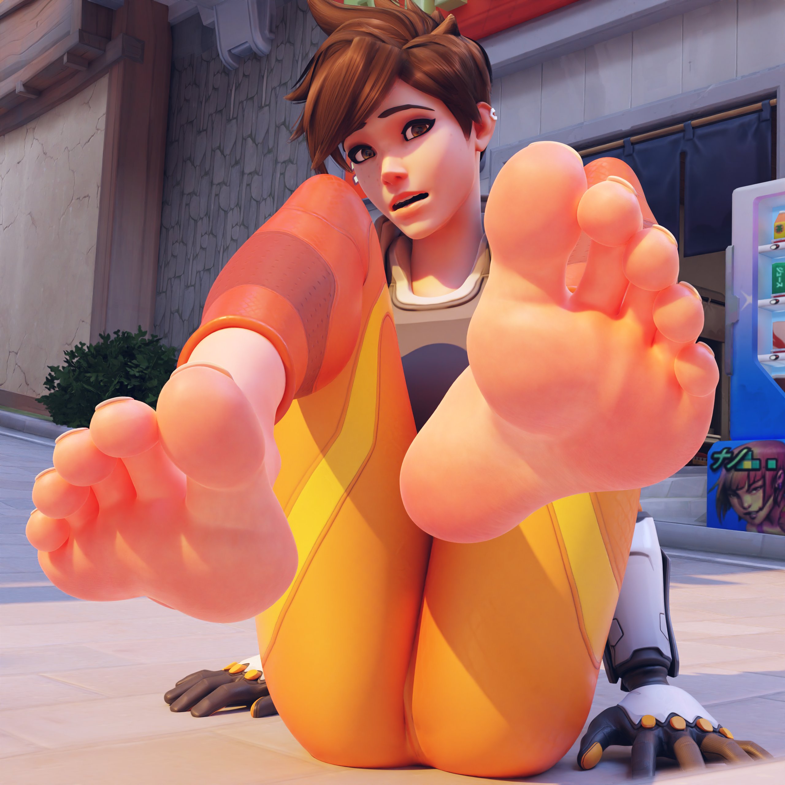 3d, 3d (artwork), activision, b9n, barefoot, blender, blizzard entertainment, brown hair, brown-haired female, feet, female, female only, focus, foot fetish, foot focus, fully clothed, latex, lena oxton, no penetration, no sex, overwatch, overwatch 2, pov, public, soles, solo, solo female, toes, tracer