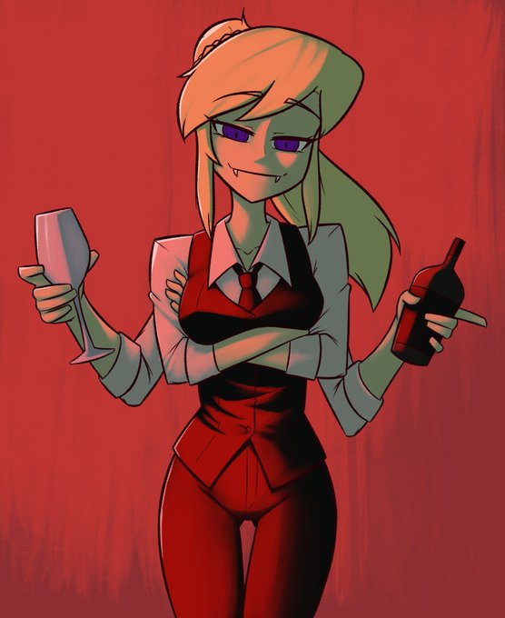 4_arms bartender blonde_hair blue_eyes blush fangs formal_wear glass long_hair looking_at_viewer multi_arm multi_limb nelly smirking wine xyroni