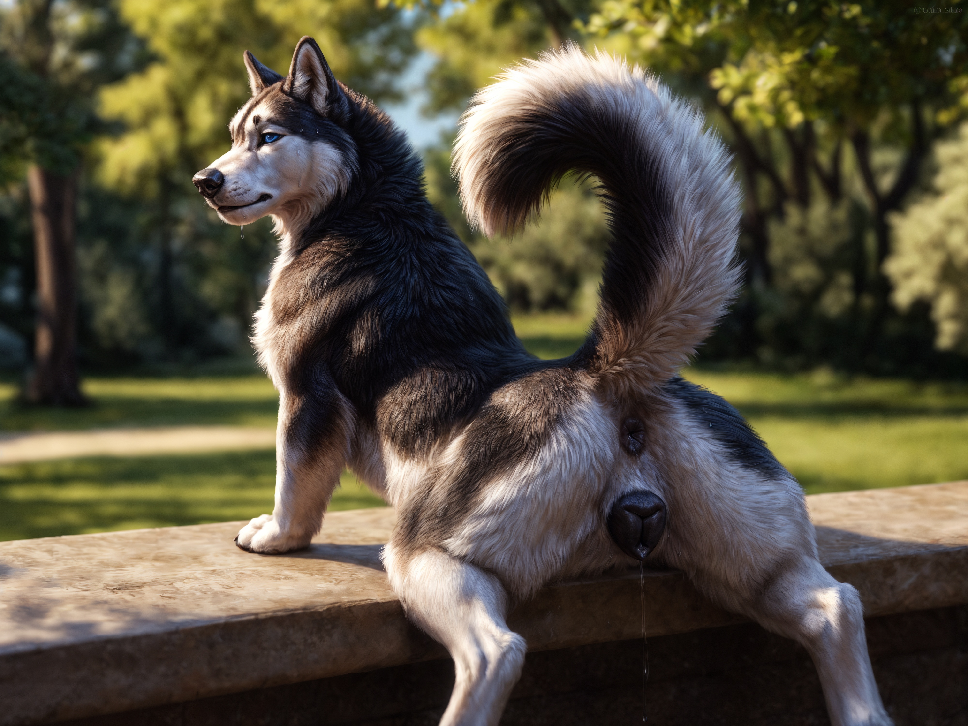 ai generated, canine, canine pussy, detailed background, female, feral, husky, pussy, pussy juice drip