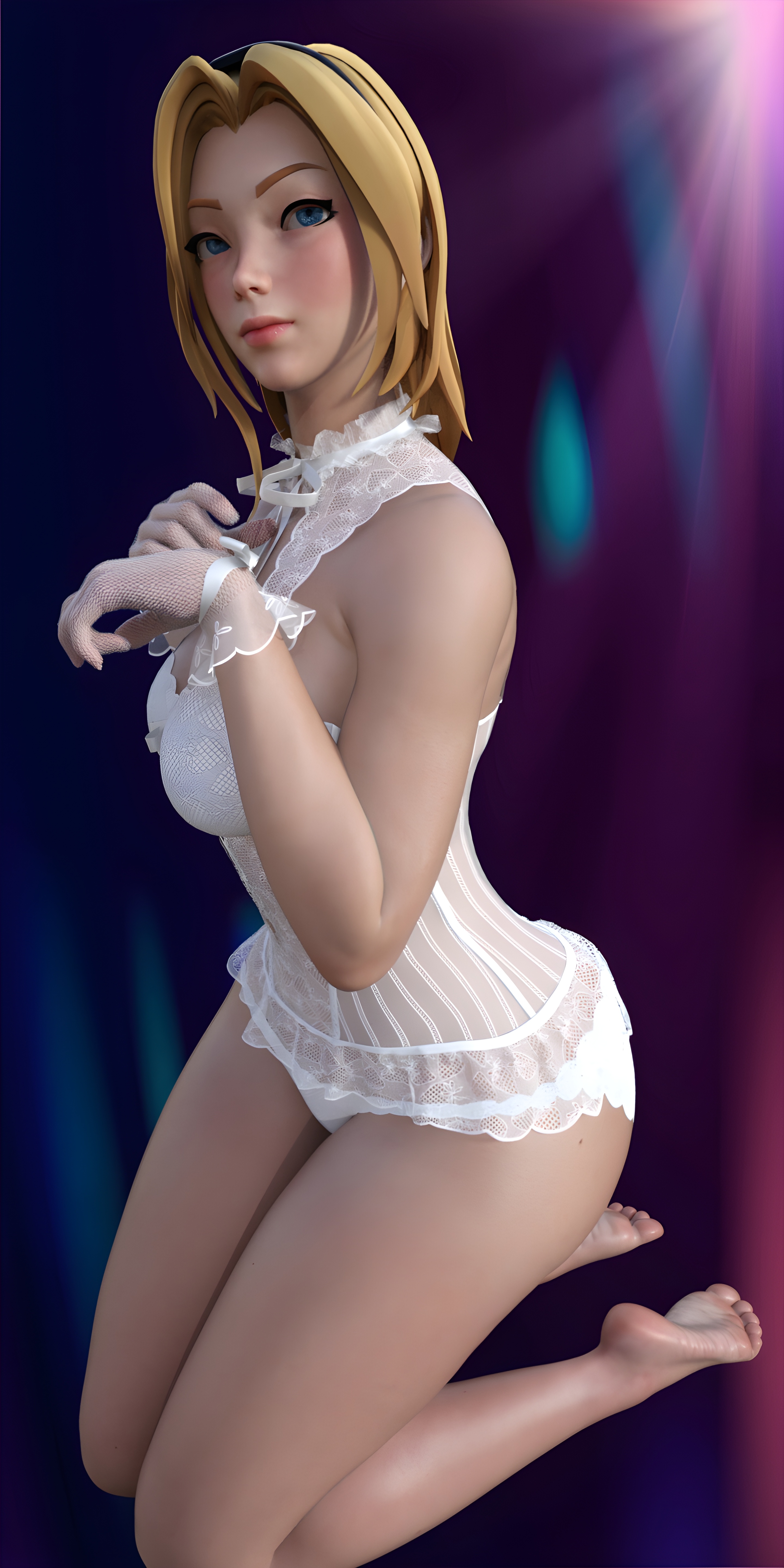1girls, 3d, 3d (artwork), ass, athletic, big ass, big breasts, big butt, blonde hair, blue eyes, breasts, curvy, feet, female, kneeling, league of legends, league of legends: wild rift, light skin, light-skinned female, lingerie, looking away, luxanna crownguard, soles, thick, thick thighs