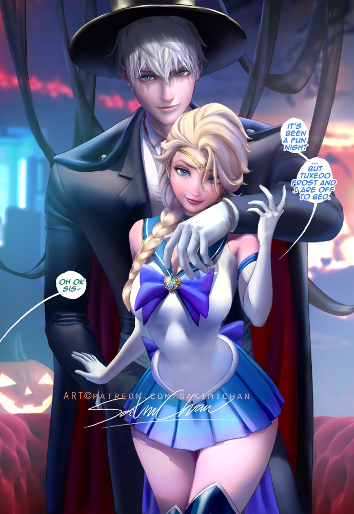 1boy 1girls anna_(frozen) bishoujo_senshi_sailor_moon blonde_hair blue_eyes braid clothing cosplay couple crossover crossover_cosplay dialogue disney disney_princess dreamworks elsa_(frozen) english_text female frozen_(film) halloween hat jack_frost jack_frost_(rise_of_the_guardians) jelsa kristanna kristoff_(frozen) looking_at_viewer male male/female rise_of_the_guardians sailor_moon_(cosplay) sakimichan sex short_skirt skirt small_breasts speech_bubble straight tuxedo_mask_(cosplay) white_hair