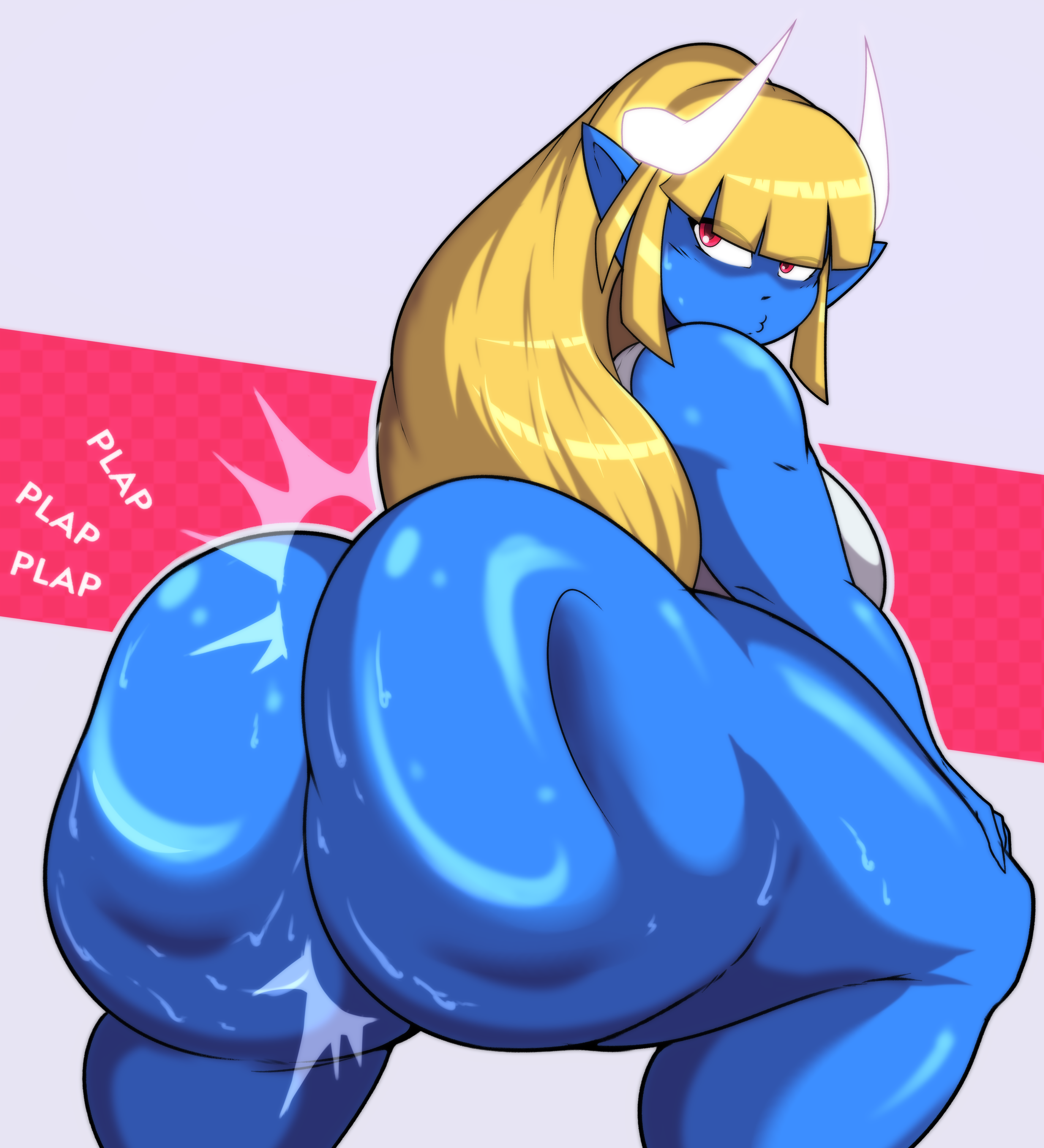 ass, back, back view, big ass, blue skin, bottomless, breasts, cepsil0n, clapping ass, clapping buttocks, clapping cheeks, curvaceous, curvy, curvy body, curvy female, curvy hips, curvy thighs, demon, female, hands on knees, horns, huge ass, long hair, looking back, oni, pout, pouting, presenting, presenting hindquarters, shaking, shaking ass, shaking butt, sideboob, sinnie (cepsil0n), succubus, sweatdrop, twerking, wide hips