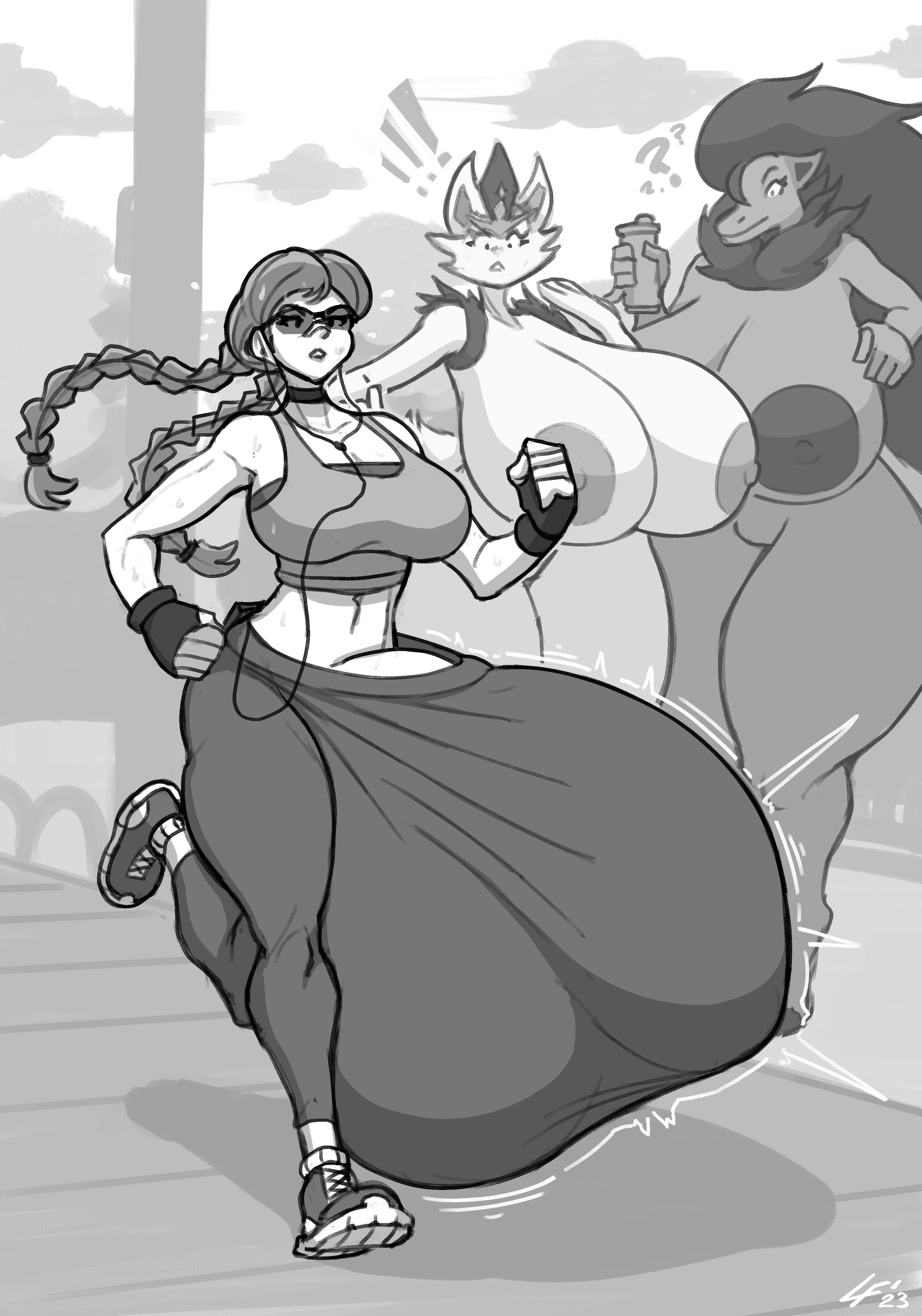 1futa, 2girls, anthro, balls, big balls, big penis, big testicles, breasts, bulge, cinderace, clothed, dickgirl, enormous balls, enormous penis, female, fully clothed, furry, futanari, gigantic balls, gigantic cock, gigantic penis, gigantic testicles, huge balls, huge cock, huge testicles, human, hyper, hyper balls, hyper bulge, hyper penis, hyper testicles, intersex, large balls, large penis, large testicles, larger female, lucy fuchs, massive balls, massive penis, mostly nude, nintendo, nude, penis, pokemon, pokemon (species), running, size difference, smaller futa, standing, surprised, tagme, testicles, zoroark