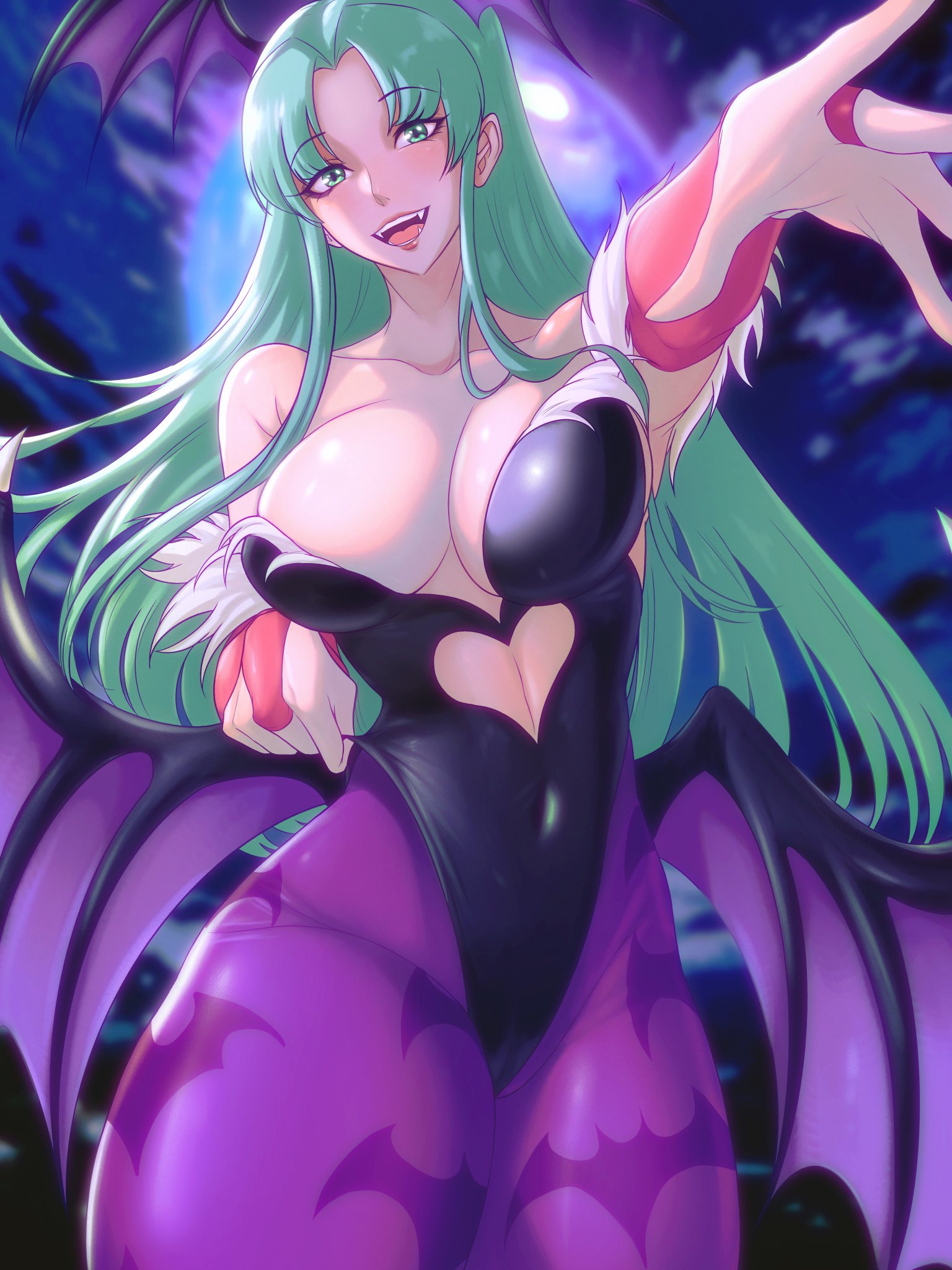 1girls, 2023, 2d, animal print, bare shoulders, belly button, big breasts, blush, breasts, capcom, clothing, darkstalkers, demon, elbow gloves, fanart, fangs, fantasy, female, female only, head wings, heart cutout, hips, leotard, light skin, light-skinned female, long hair, looking at viewer, medium breasts, monster girl, morrigan aensland, opalisart, pantyhose, purple panties, smile, smiling at viewer, succubus, succubus costume, succubus wings, thick thighs, thighs, tuft, turquoise eyes, turquoise hair, vampire savior, voluptuous, voluptuous female, wings