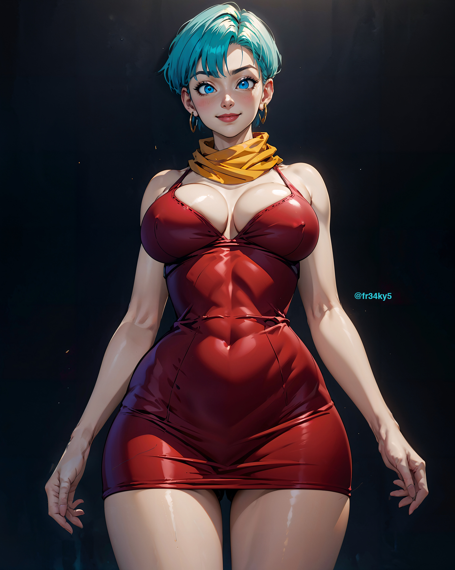 ai generated, big breasts, breasts, bulma (dragon ball), bulma briefs, cleavage, dragon ball, dragon ball z, dress, female, fr34ky, light blue hair, mature female, stable diffusion, thick thighs, wide hips