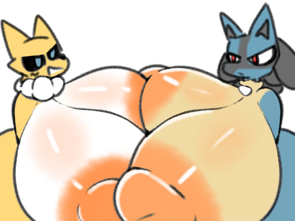 2girls alexdraws annoyed big_breasts crossover death_battle digimon digimon_(species) huge_breasts hyper_breasts lucario multiple_girls nintendo pokemon pokemon_(species) renamon smirk