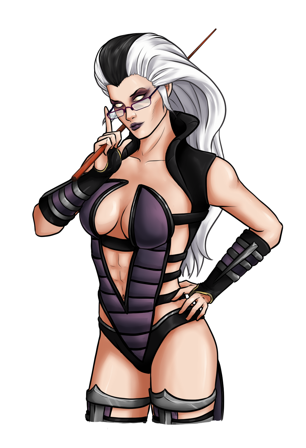 1girls abs big_breasts big_hair cleavage female female_only fully_clothed glasses hand_on_hip holding_object holding_pointer laranico long_hair looking_at_viewer mortal_kombat mortal_kombat_(2011) naughty naughty_smile navel netherrealm_studios pointer pose revealing_clothes sindel sindel_(mk9) solo solo_female two_tone_hair white_and_black_hair