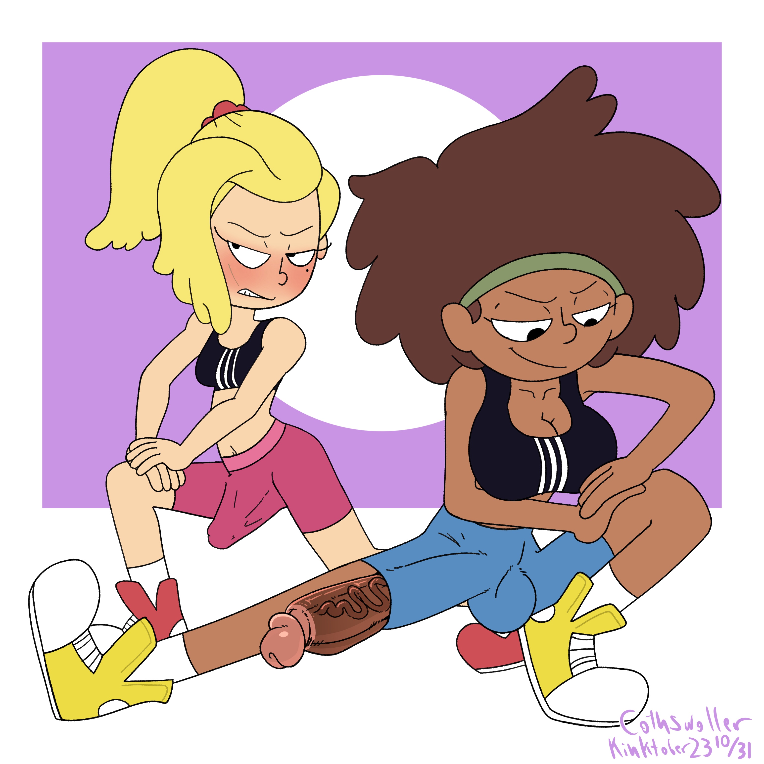 2futas, amphibia, anne boonchuy, balls, beauty mark, big breasts, big penis, blonde hair, breast size difference, breasts, bulge, casual, chocolate and vanilla, clothed, clothing, cothswoller, dark skin, dark-skinned futa, duo, erection, erection under clothes, footwear, futa only, futanari, huge cock, human, intersex, jealous, light skin, light-skinned futa, mostly clothed, pale skin, penis, penis envy, penis size difference, penis through leghole, sasha waybright, size difference, sportswear, stretching, tenting, veiny penis, workout
