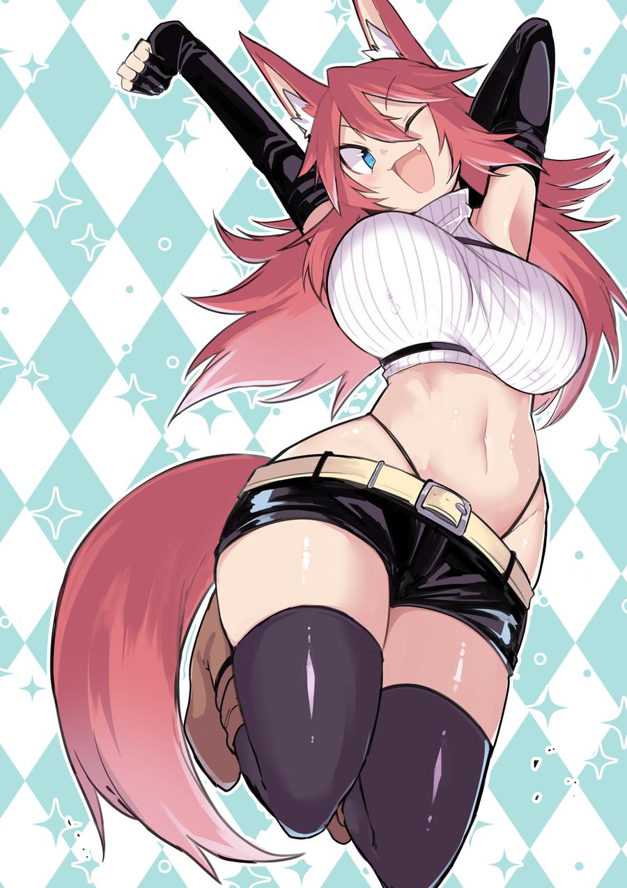 1girls, blue eyes, boots, breasts, ear tuft, female, female only, firo (shiboritoranaide onna shounin san), fox ears, fox tail, gloves, large breasts, open mouth, pink hair, please don't milk me, merchant-san!!, shiboritoranaide, onna shounin-san, shorts, shun soku, solo, stretching, thighhighs, thong, whale tail, wink