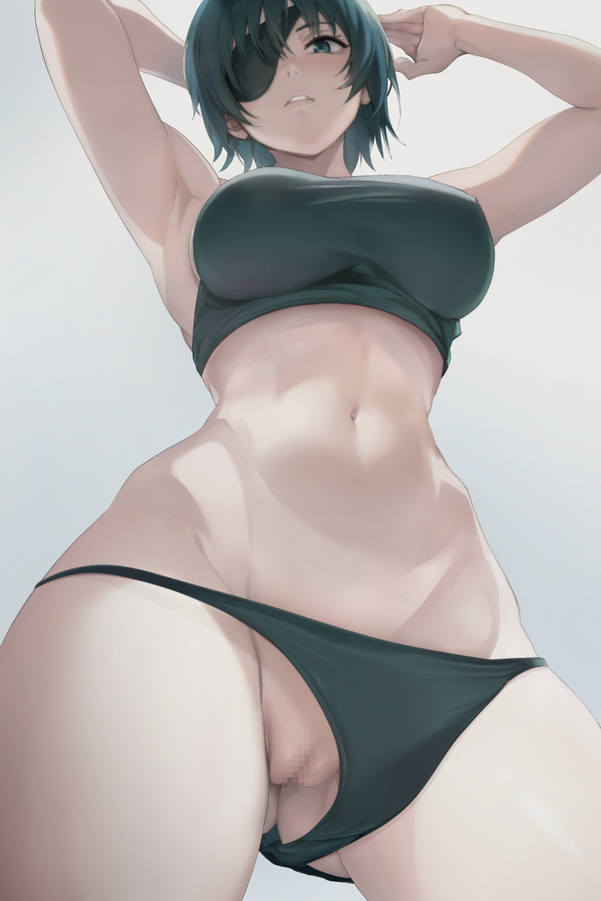 1girls, abs, alternate version available, ass, ass focus, ass visible through thighs, big ass, big breasts, breasts, cameltoe, censored, chainsaw man, doujintraya, eyepatch, female, female only, himeno (chainsaw man), light skin, light-skinned female, looking at viewer, looking down at viewer, low-angle view, mappa, mosaic censoring, navel, nipple bulge, panties aside, pov, pussy, shirt lift, thick thighs, underboob, underwear, wide hips