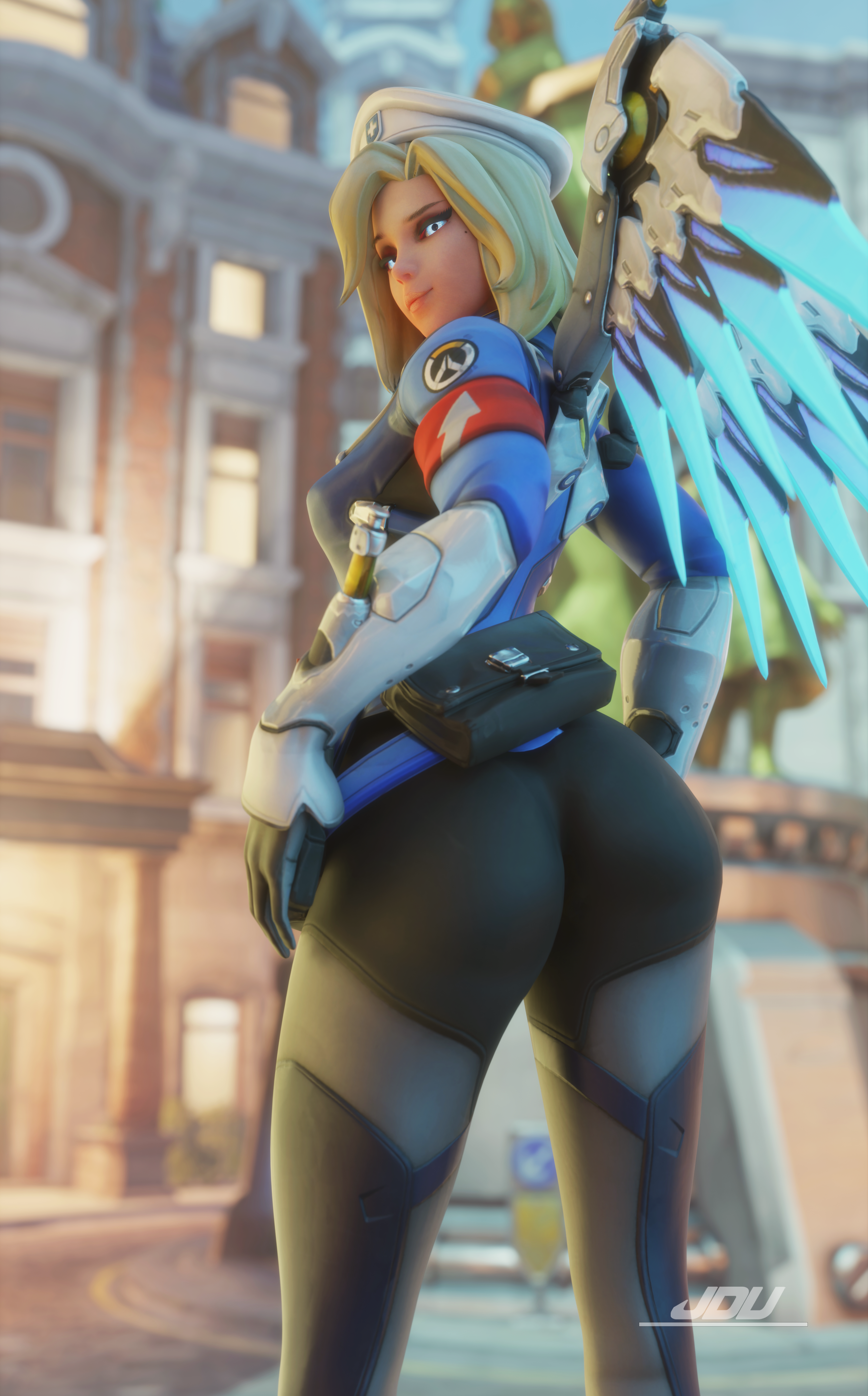 1girls, 3d, 3d (artwork), activision, alternate costume, angela ziegler, ass, ass crack, ass focus, big ass, blender (software), blizzard entertainment, blonde hair, blonde-haired female, blue eyes, blue-eyed female, butt crack, combat medic ziegler, european, european female, female, female focus, female only, focus, focus on ass, fully clothed, happy, jdv, large ass, large butt, light skin, light-skinned female, mercy, overwatch, overwatch 2, smile, spandex