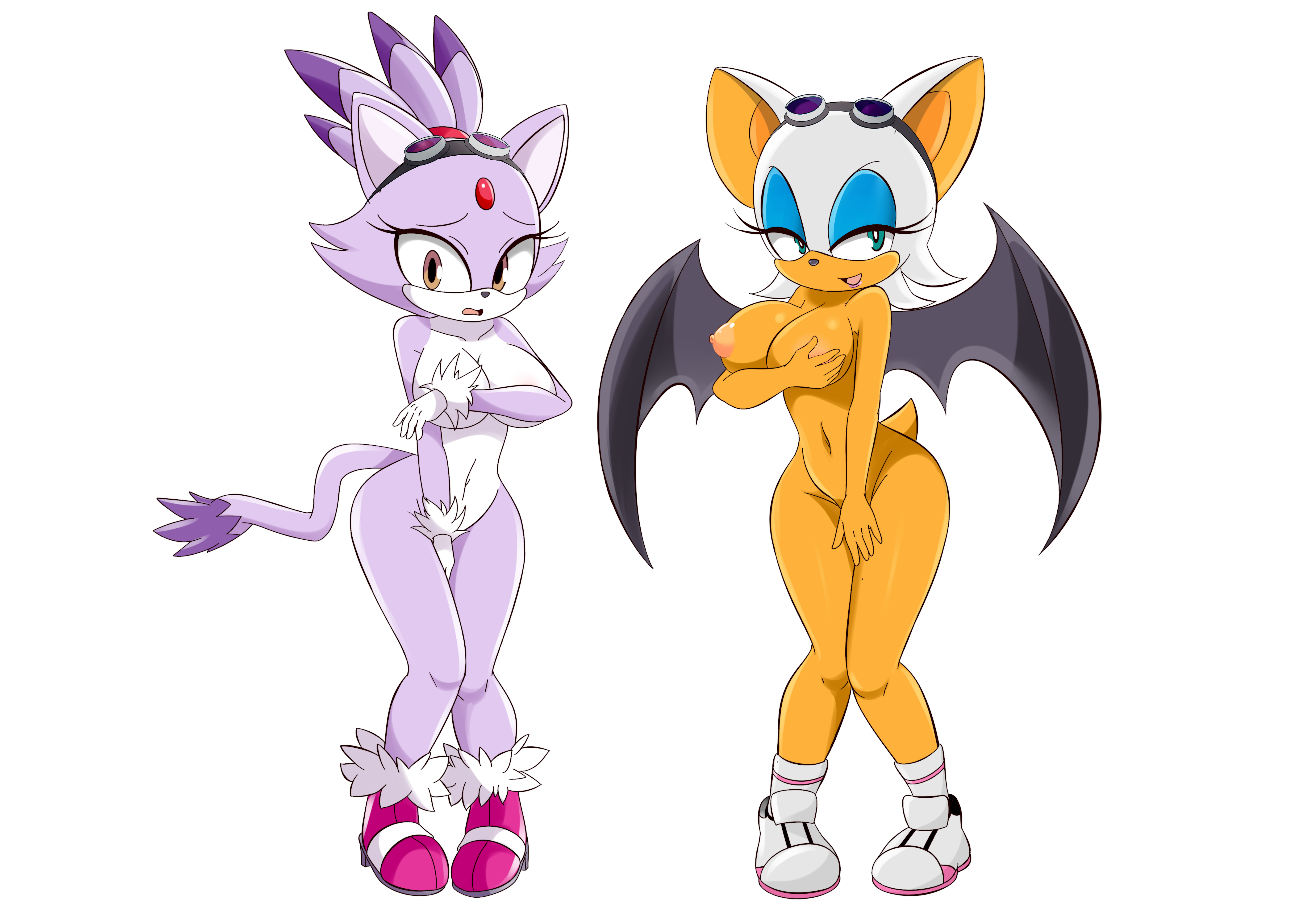 2girls, ankle socks, anklehighs, anthro, bat, blaze the cat, blush, breasts, cleavage, covering, covering breasts, covering crotch, domestic cat, embarrassed, embarrassed nude female, exposed breasts, feline, female, female focus, female only, googles, lucyfercomic, multiple females, multiple girls, nipples, rouge the bat, sega, shoes, socks, sonic (series), sonic the hedgehog (series), white background, white socks, wide hips