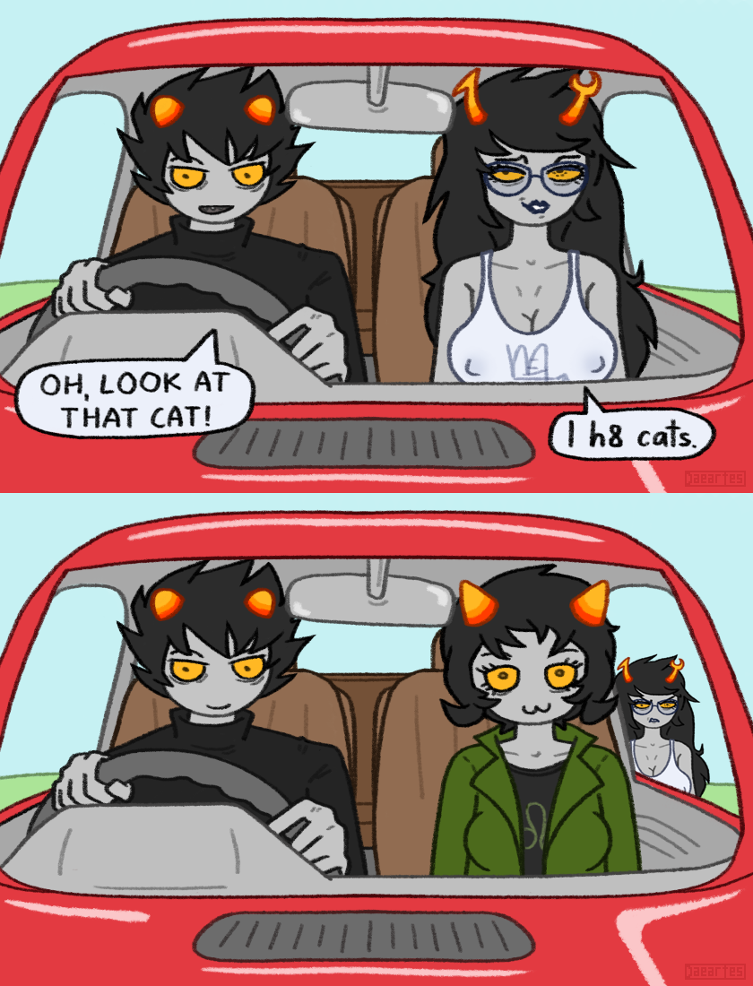 1boy 2girls :3 alien_humanoid angry busty car cleavage comic_page daeartes dark_hair dialogue driving english_text erect_nipples_under_clothes funny glasses grey_body grey_skin homestuck horns in_car karkat_vantas kinda_wholesome large_breasts left_out meme nepeta_leijon non-human not_furry smug switching text transparent_clothing transparent_shirt two_panel_image uncensored vriska_serket white_blouse yellow_eyes