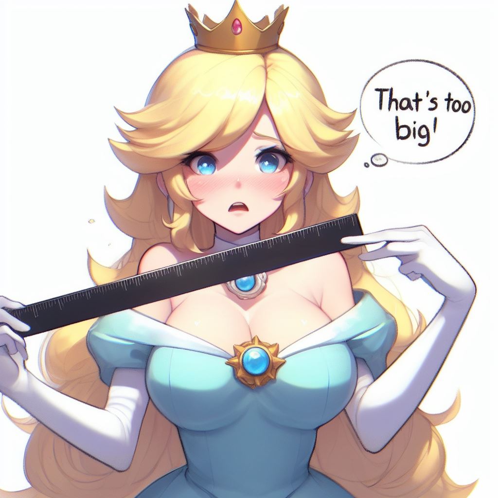 1girls, ai generated, blonde hair, blue dress, blue eyes, breasts, cleavage, clothing, cock shock, crown, dress, elbow gloves, english text, female, female only, gloves, long hair, male, mario (series), measuring, nervous, nintendo, open mouth, penis, princess rosalina, ruler, simple background, solo, text, thought bubble, white background