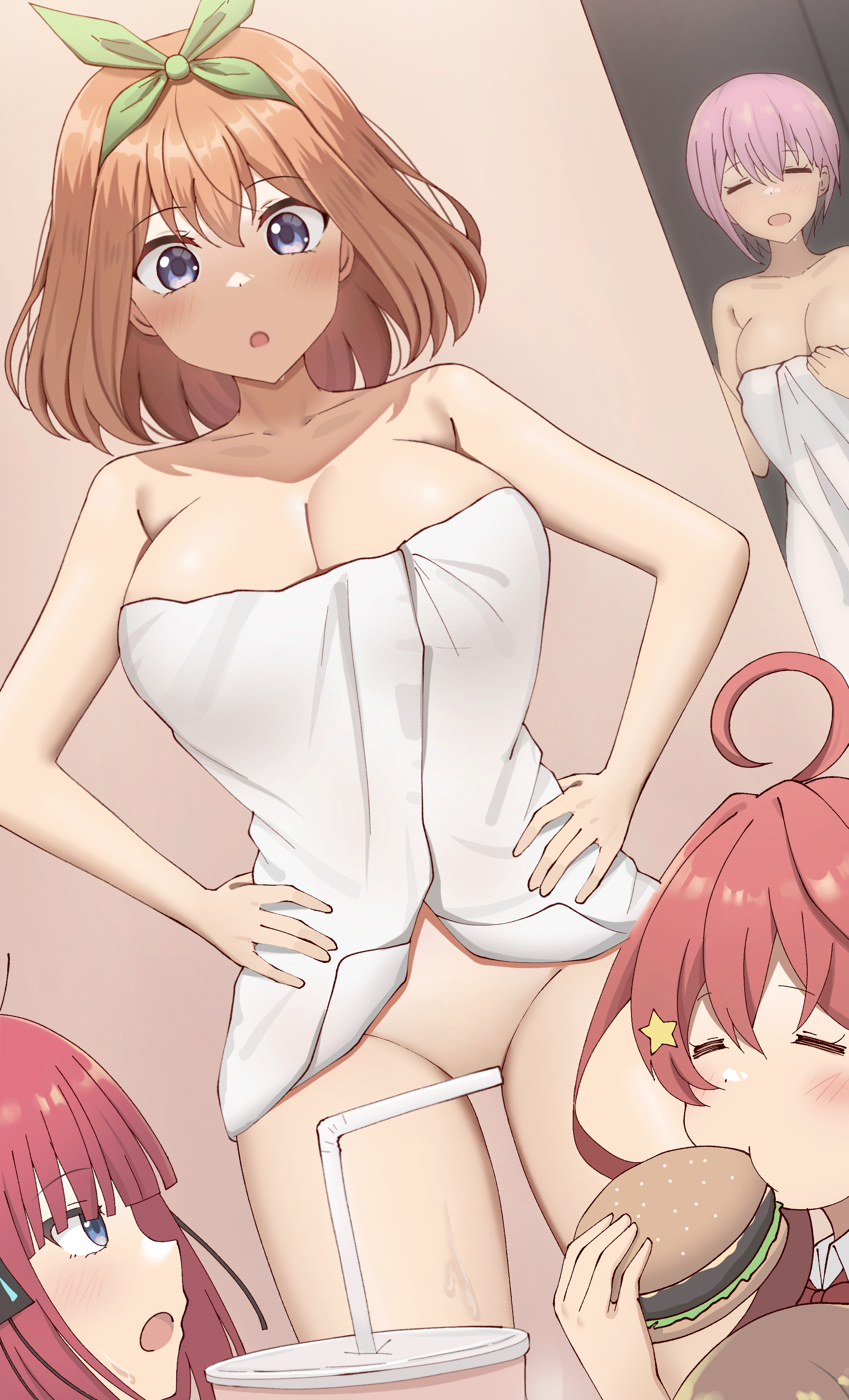 5girls, absurdres, ahoge, black ribbon, blunt bangs, blush, breasts, burger, closed eyes, collarbone, commentary, convenient censoring, cup, disposable cup, drinking straw, eating, female, food, go-toubun no hanayome, green ribbons, groin, hair ornament, hair ribbon, hands on own hips, highres, indoors, large breasts, long hair, looking at viewer, multiple females, multiple girls, nakano ichika, nakano itsuki, nakano miku, nakano nino, nakano yotsuba, naked towel, orange hair, pink hair, poa mellhen, profile, purple eyes, quintuplets, red hair, ribbon, siblings, sisters, star (symbol), star hair ornament, thighs, towel