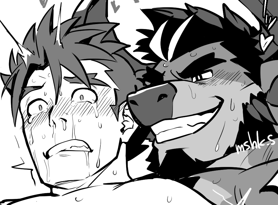 2boys animal_ears bara blush character_request close-up completely_nude constricted_pupils cow_ears cow_horns facial_hair forked_eyebrows furrowed_brow furry furry_male furry_with_non-furry goatee greyscale grin horns implied_sex interspecies live_a_hero male_focus male_protagonist_(live_a_hero) masa_(mshk_s) mature_male minotaur monochrome multiple_boys mutton_chops nude pectorals saliva smile tears thick_eyebrows yaoi