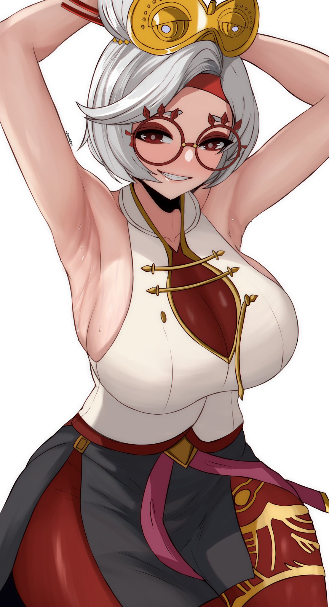 1girls armpit_fetish armpits arms_up breasts edmun female glasses hi_res large_breasts light-skinned_female light_skin nintendo purah purah_(tears_of_the_kingdom) red_eyes smile tears_of_the_kingdom the_legend_of_zelda thick_thighs white_hair