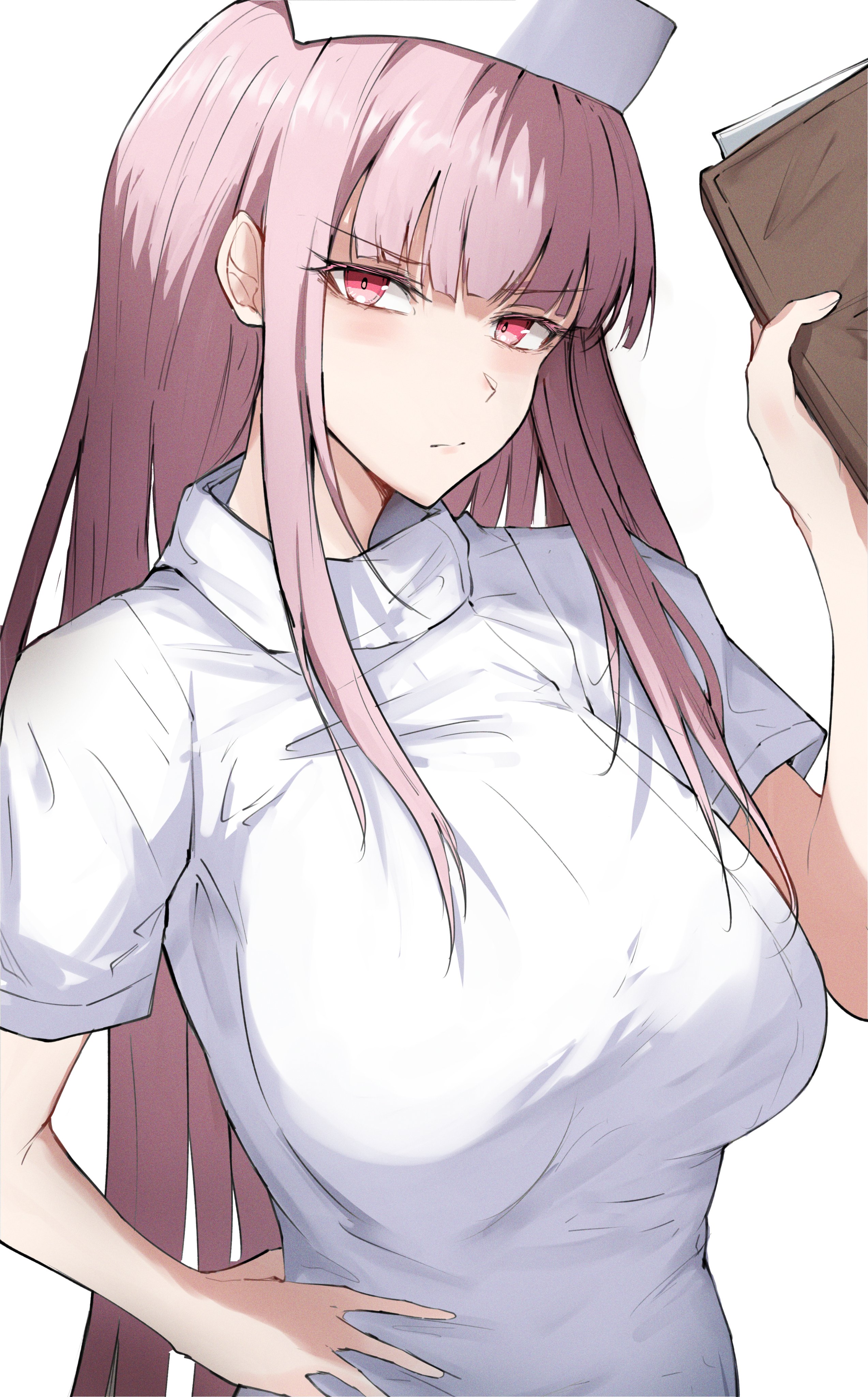 annoyed, female, hololive, hololive english, hololive myth, looking at viewer, mori calliope, neutral expression, nurse uniform, sakiya, virtual youtuber