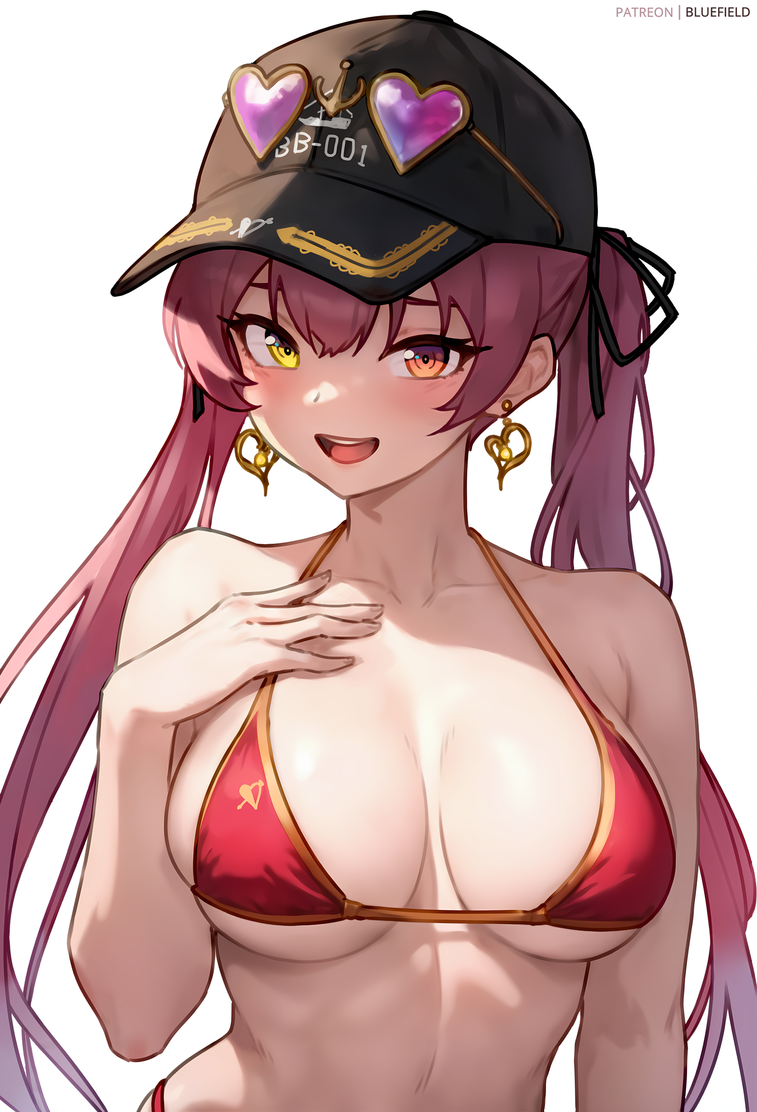 1girls, 2d, arms, belly, bikini, bluefield, bra, breasts, clothed, clothing, covered breasts, covered nipples, digital drawing (artwork), earrings, female, female focus, female only, glasses on head, hair, hat, heterochromia, hololive, hololive fantasy, hololive japan, houshou marine, image, large breasts, light skin, light-skinned female, long hair, looking at viewer, open eyes, open mouth, png, red eyes, red hair, smile, sole female, standing, stomach, virtual youtuber, yellow eyes