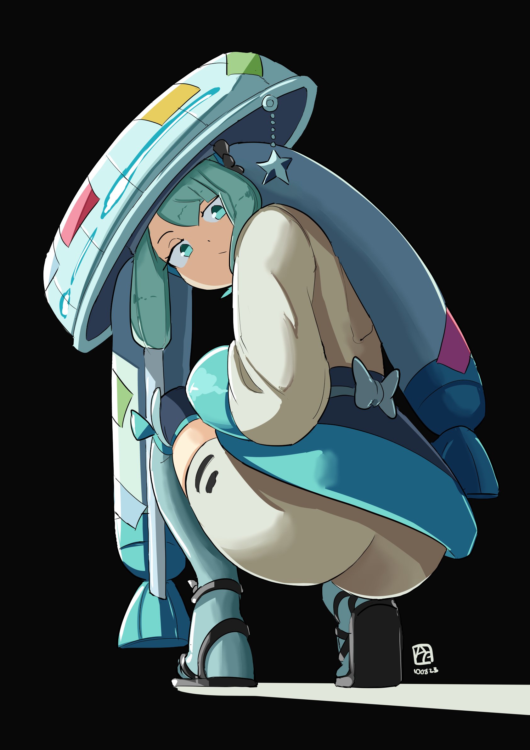 1girl, 1girls, aqua eyes, aqua hair, ass, automatic giraffe, big ass, big butt, black background, crossover, female, female only, from behind, hatsune miku, hatsune miku (steel-type trainer), hi res, light skin, light-skinned female, long hair, looking at viewer, looking back, pokemon, project voltage, simple background, solo, squatting, tagme, twintails, vocaloid
