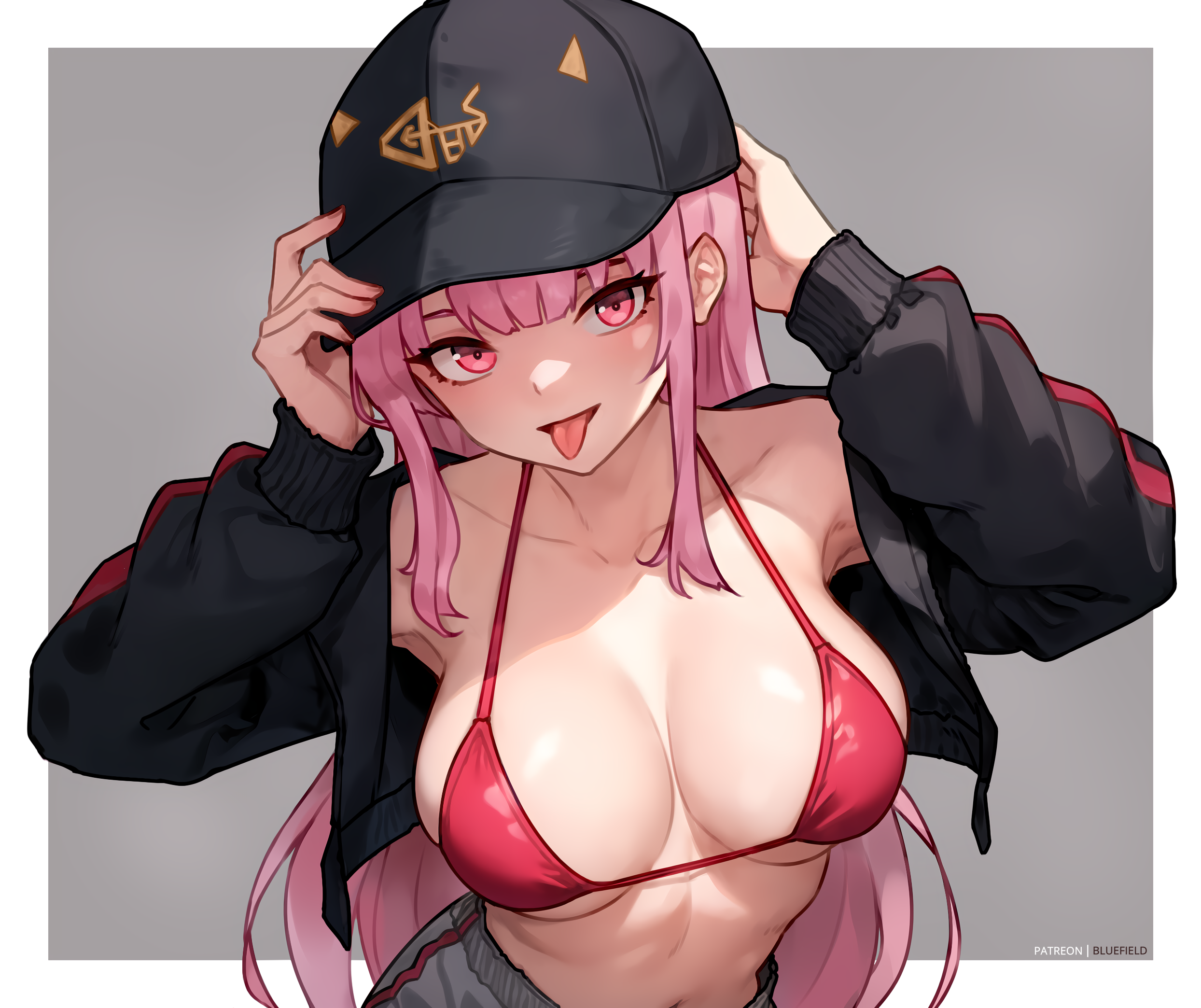 1girls, bikini top, bluefield, breasts, female, hat, hololive, hololive english, hololive myth, jacket, large breasts, light skin, light-skinned female, long hair, mori calliope, naughty face, pink eyes, pink hair, png, virtual youtuber