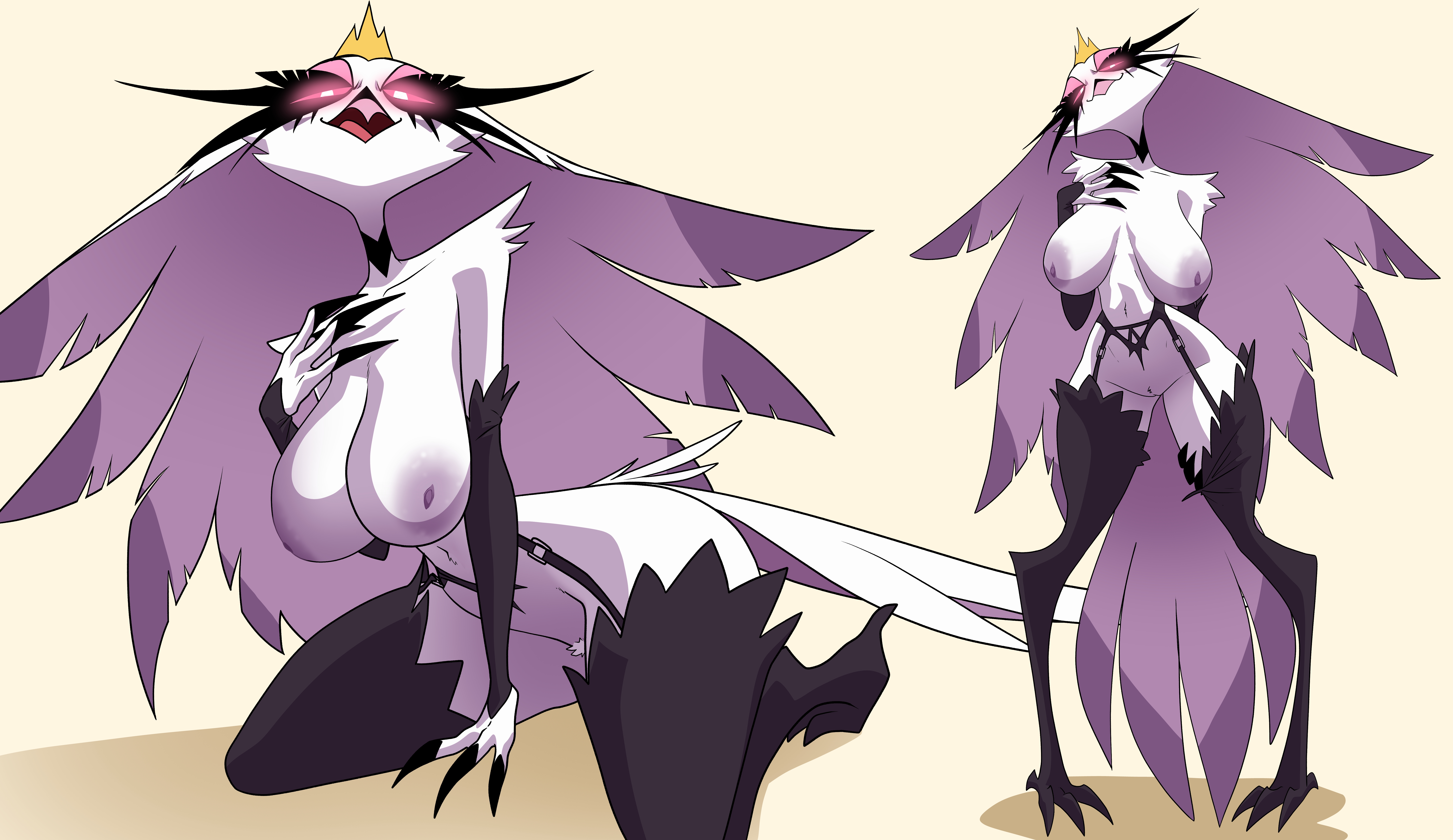 2023, absurd res, anthro, areola, areolae, armwear, avian, barely visible pussy, beak, big, big breasts, bird, black clothing, body, breasts, choker, claws, clothing, coolerinker, crown, demon, elbow gloves, eyelashes, eyes, feather hair, feathers, female, fingerless elbow gloves, fingerless gloves, fur, garter belt, garter straps, gloves, glowing, glowing eyes, handwear, headgear, helluva boss, hi res, highres, hips, inker comics, inkershike, jewelry, legwear, lingerie, long eyelashes, long legs, makeup, mascara, mature, mostly nude, necklace, nipples, owl, owl demon, pink, pseudo hair, purple nipples, pussy, sagging breasts, sclera, small waist, solo, stella (helluva boss), stockings, tail, tail feathers, thick, thigh highs, thighs, tiara, white, white body, white feathers, wide