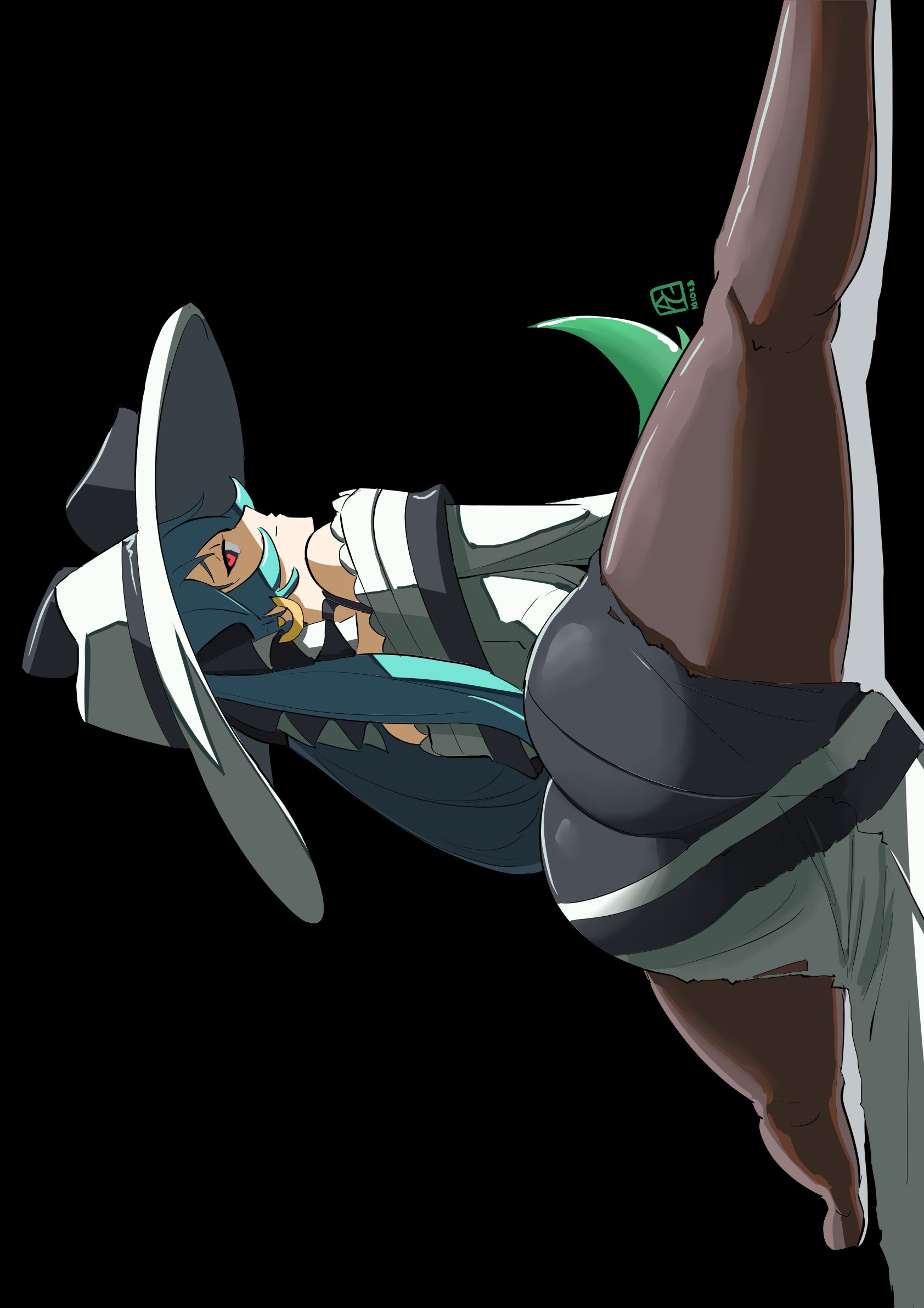 1girl, 1girls, ass, ass focus, automatic giraffe, bare shoulders, big ass, big butt, black background, blue hair, brown pantyhose, crossover, dress, earrings, female, female only, from behind, hat, hatsune miku, hatsune miku (dark-type trainer), hi res, huge ass, huge butt, jewelry, light skin, light-skinned female, long hair, looking at viewer, looking back, pantyhose, pokemon, project voltage, red eyes, simple background, solo, tagme, thick ass, thick thighs, thighs, twintails, vocaloid
