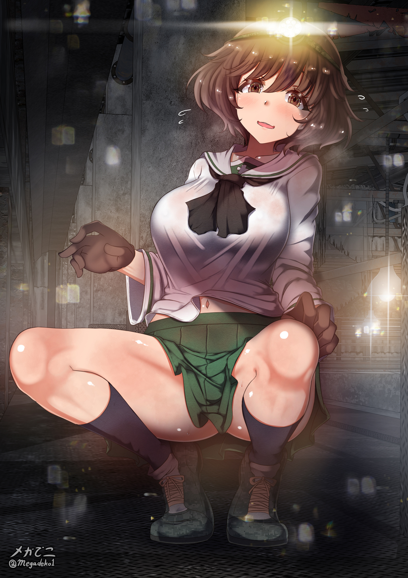 akiyama yukari, aquaegg, black gloves, black socks, blush, brown eyes, brown hair, covered erect nipples, female, girls und panzer, gloves, green skirt, indoors, looking at viewer, miniskirt, navel, ooarai school uniform, open mouth, school uniform, short hair, skirt, smile, solo