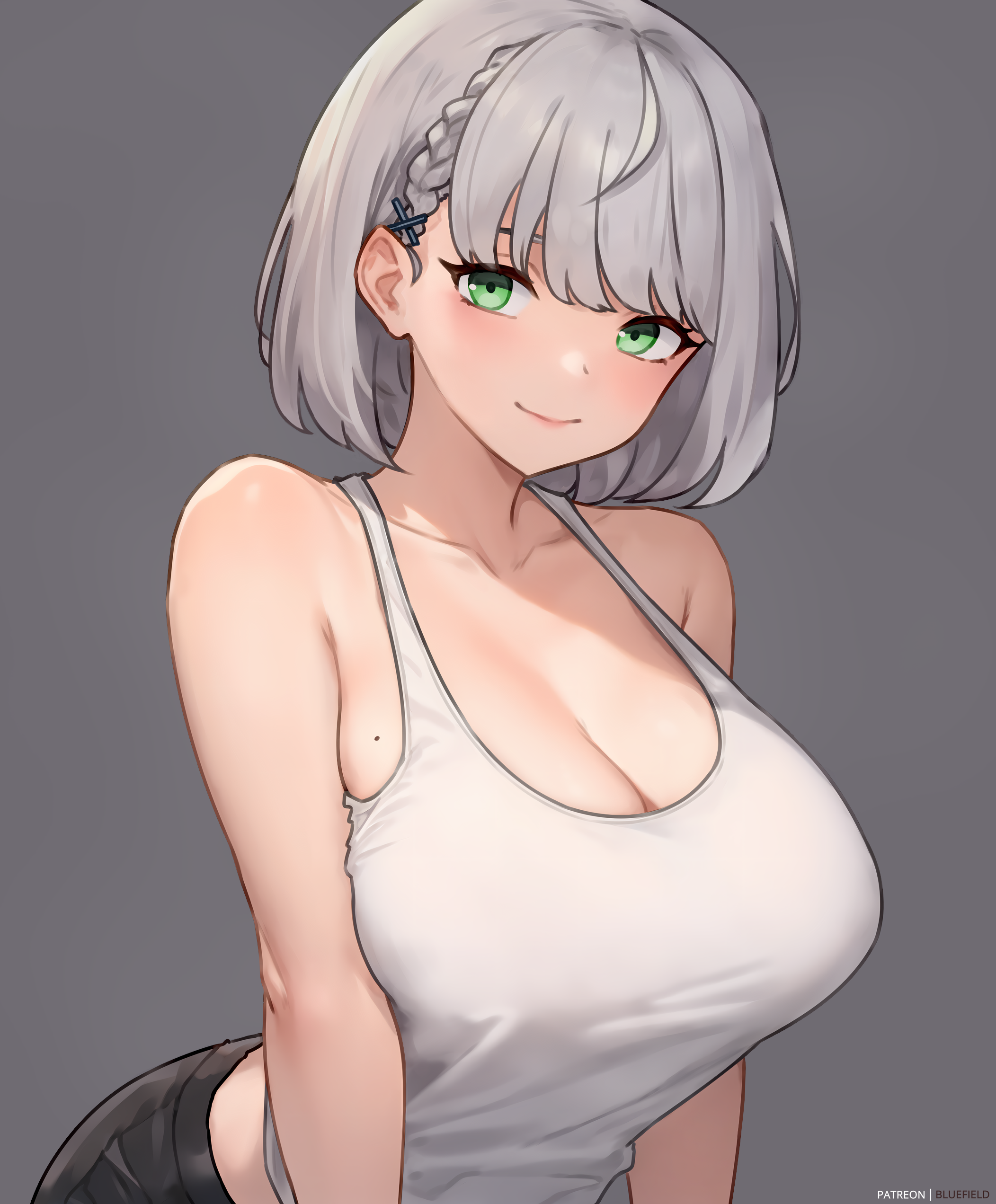 1girls, bluefield, breasts, cleavage, female, green eyes, hi res, hololive, hololive fantasy, hololive japan, huge breasts, looking at viewer, png, shirogane noel, short hair, smile, tank top, virtual youtuber, white hair