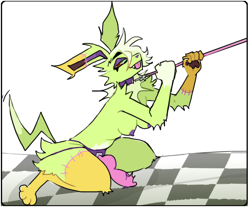 anthro blep breasts collar dijon_(guncht) dildo eeveelution female fur generation_1_pokemon green_body green_fur guncht jolteon knotted_dildo leash leash_pull nintendo nipples pokemon pokemon_(species) purple_nipples sex_toy smile solo strapon tongue tongue_out